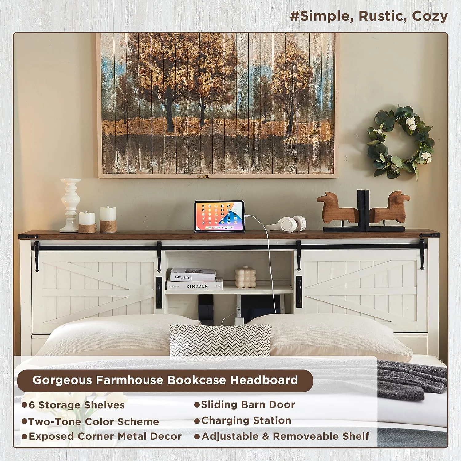 OKD Farmhouse Full Bed Frame, Wood Platform Bed with Bookcase Storage Headboard and Charging Station, No Box Spring Needed, Light Rustic Oak - Womvr