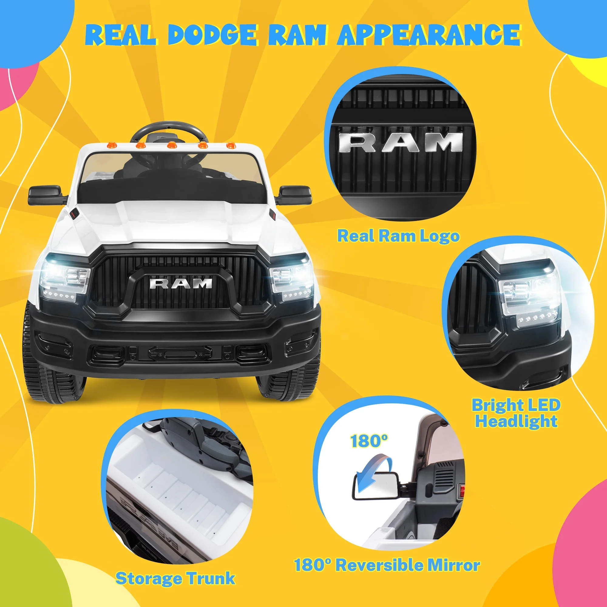 Dodge Ram Ride On Car for Kids, 12V Powered Ride On Truck Cars with Parents Remote Control,Dodge Electric Ride On Car for Boys Girls 3-5, Red - Womvr