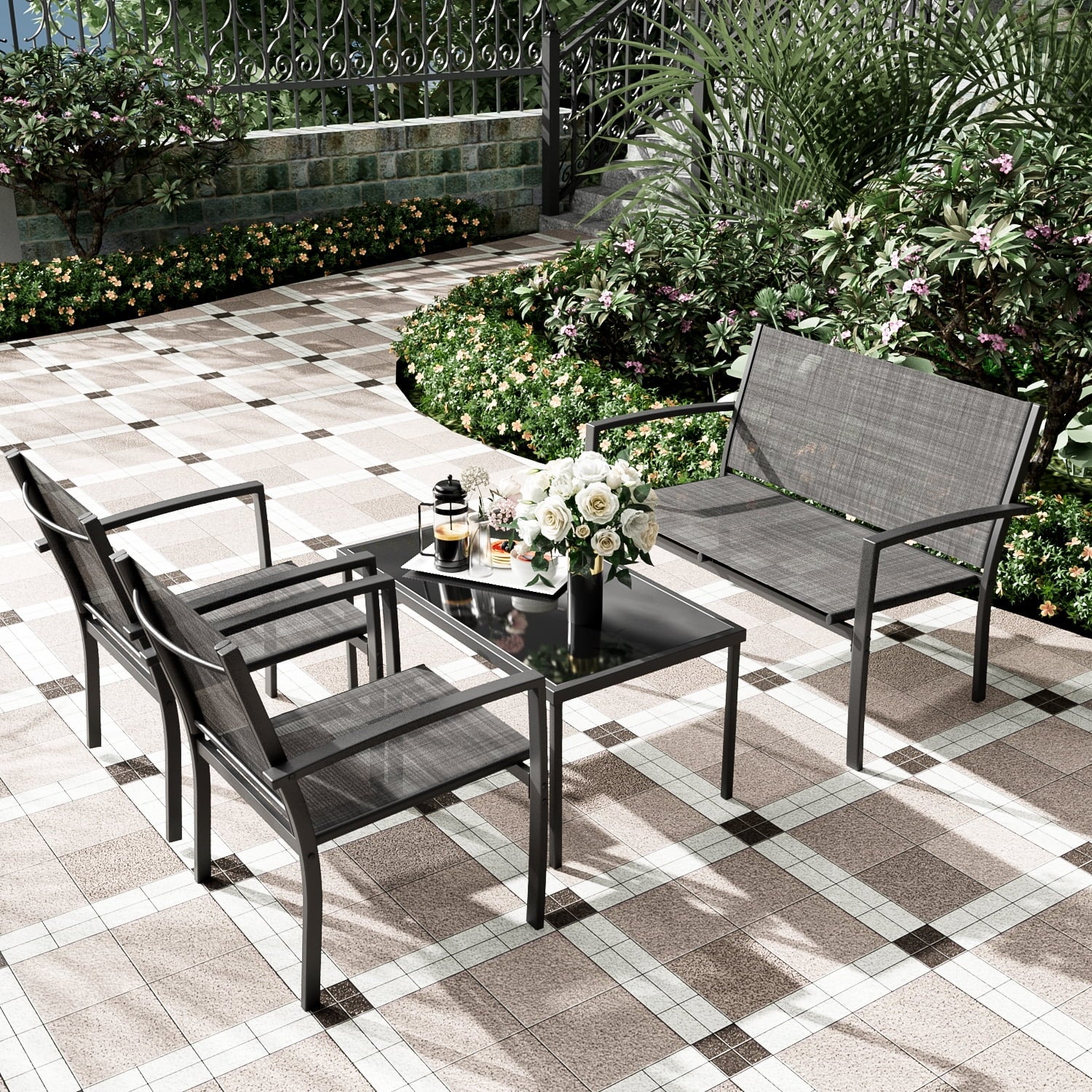 LACOO 4 Pieces Outdoor Furniture Set Patio Textilene Steel Conversation Set with Loveseat Tea Table for Lawn and Balcony, Black - Womvr