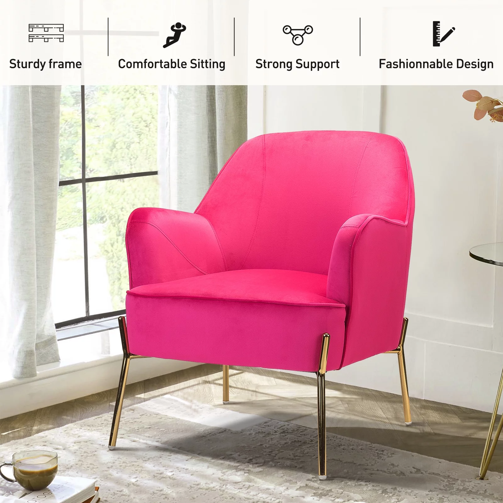 Velvet Upholstered Accent Chair Metal Legs Curved Backrest Lounge Home Armchair Bedroom Adult Pink - Womvr