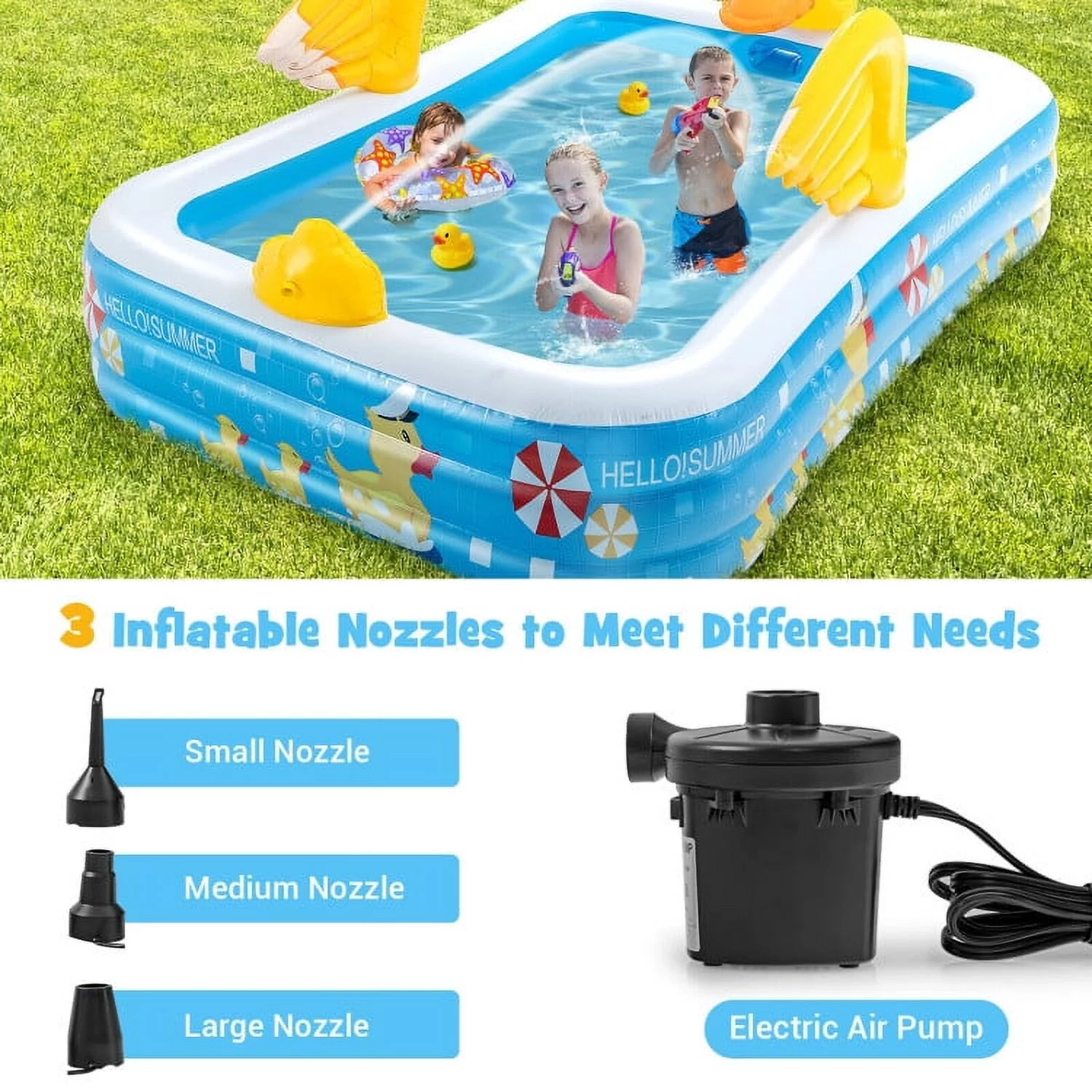 Inflatable Swimming Pool Duck Themed Kiddie Pools with Sprinkler for Age Over 3-Blue - Womvr