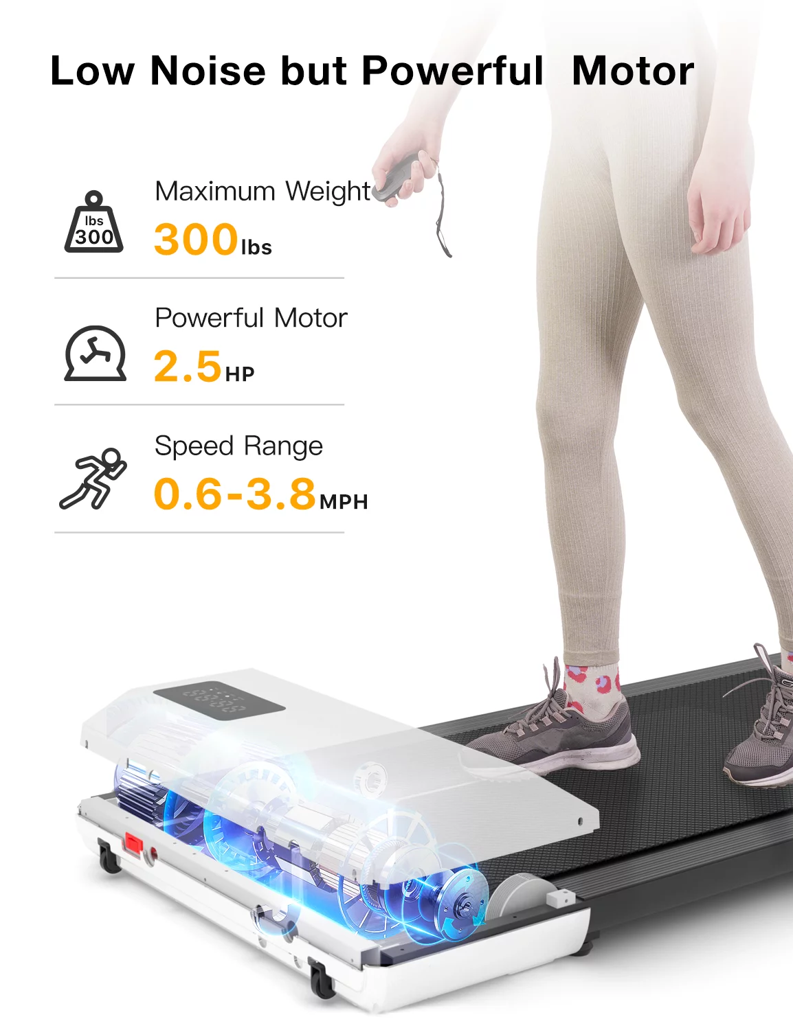 Superun 2.5Hp Walking Pad, 35.5*15.5 Walking Area 2 in 1 Under Desk Treadmill,300lb Walking Treadmill with Remote Control and LED Display, Quiet, Compact & Small Treadmill for Home & Office (White) - Womvr