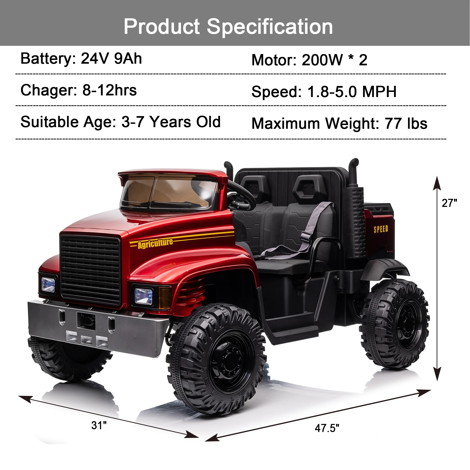 Hikiddo JC222 24V Ride on Toy, Kids Ride On Dump Truck 2 Seater with Remote - Womvr