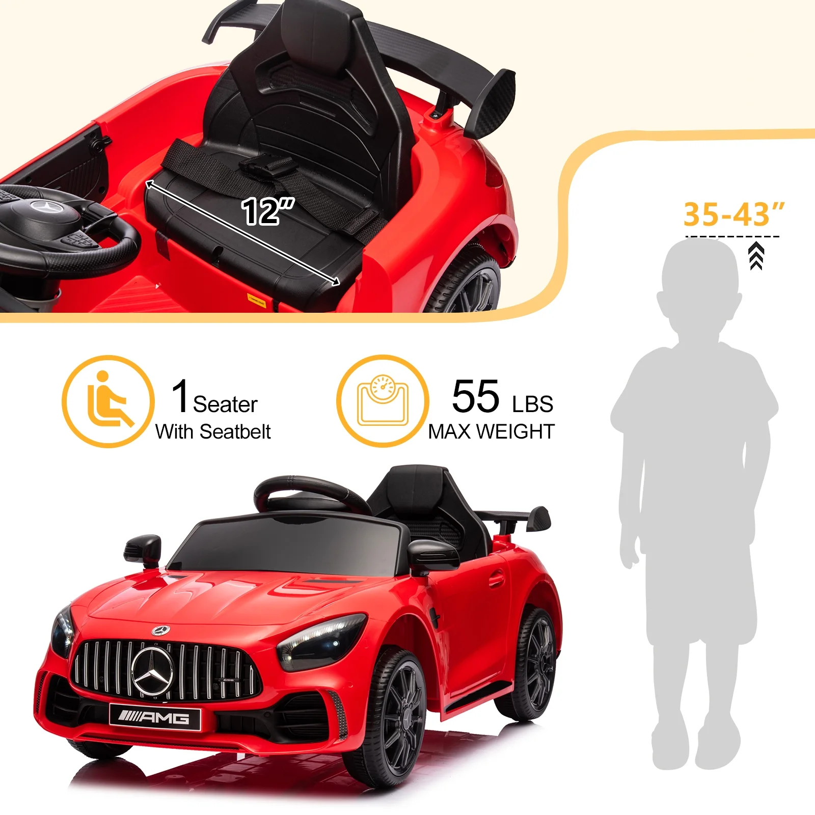 12V Ride on Car for Girls and Boys Licensed Mercedes Benz Electric Vehicle, MP3, Bluetooth, Ride On Toy for 3-5 Years Old, Red - Womvr