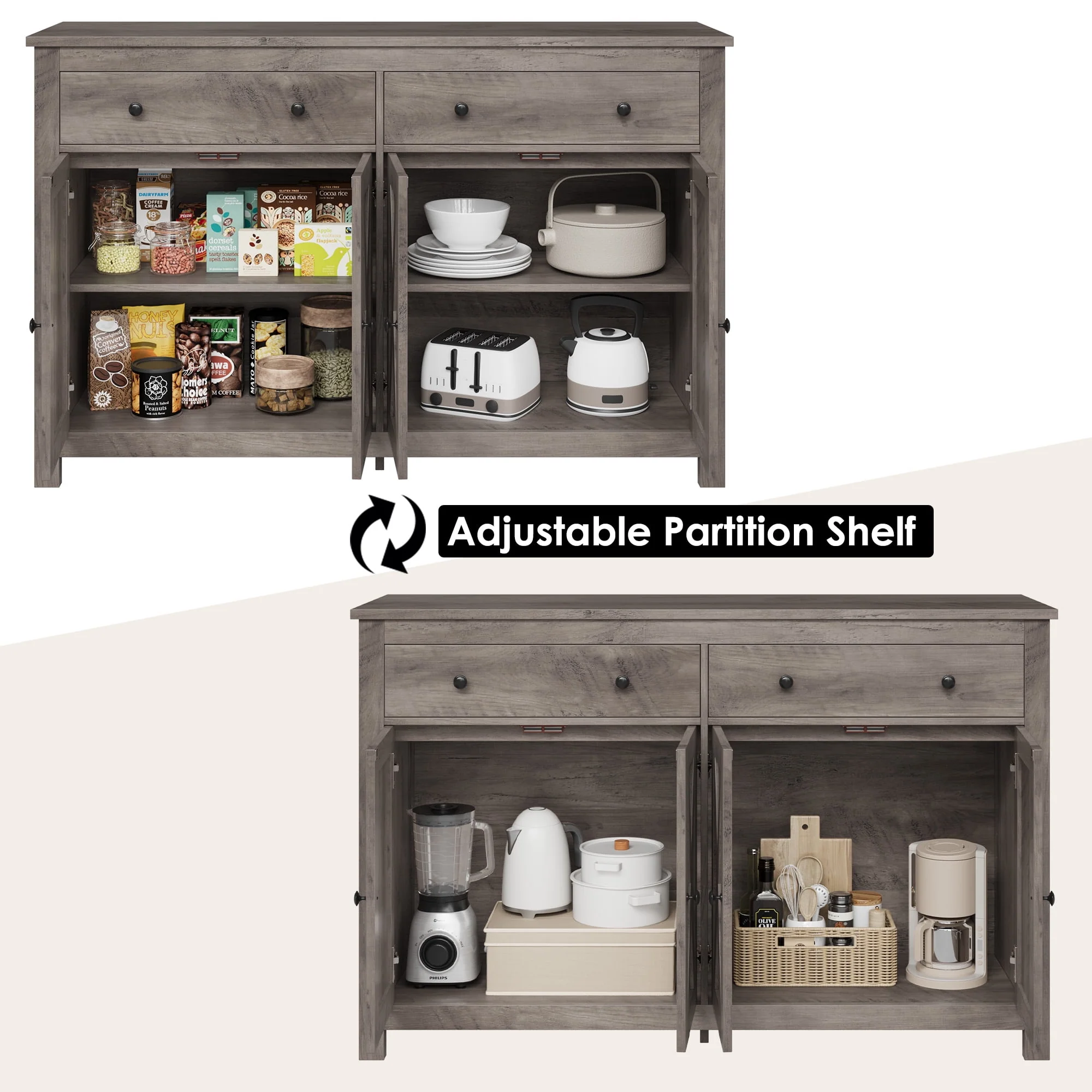 Homfa 4-Doors 2-Drawers Farmhouse Storage Cabinet, Wood Sideboard with Adjustable Shelves for Kitchen Dining Room, White - Womvr