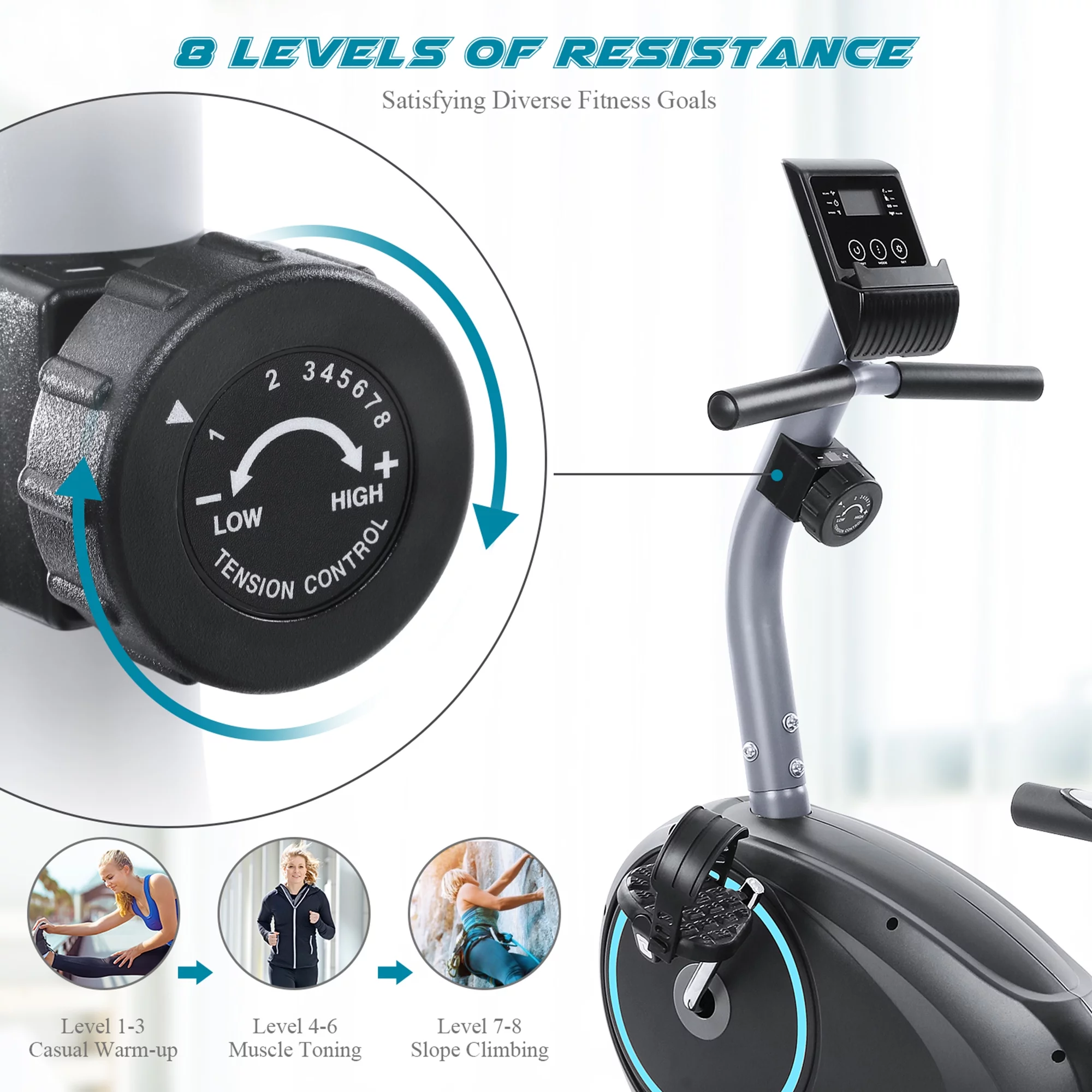 MARNUR Recumbent Exercise Bike with 8 Levels Adjustable Resistance, LCD Monitor, Pad Holder, Wheels - Womvr
