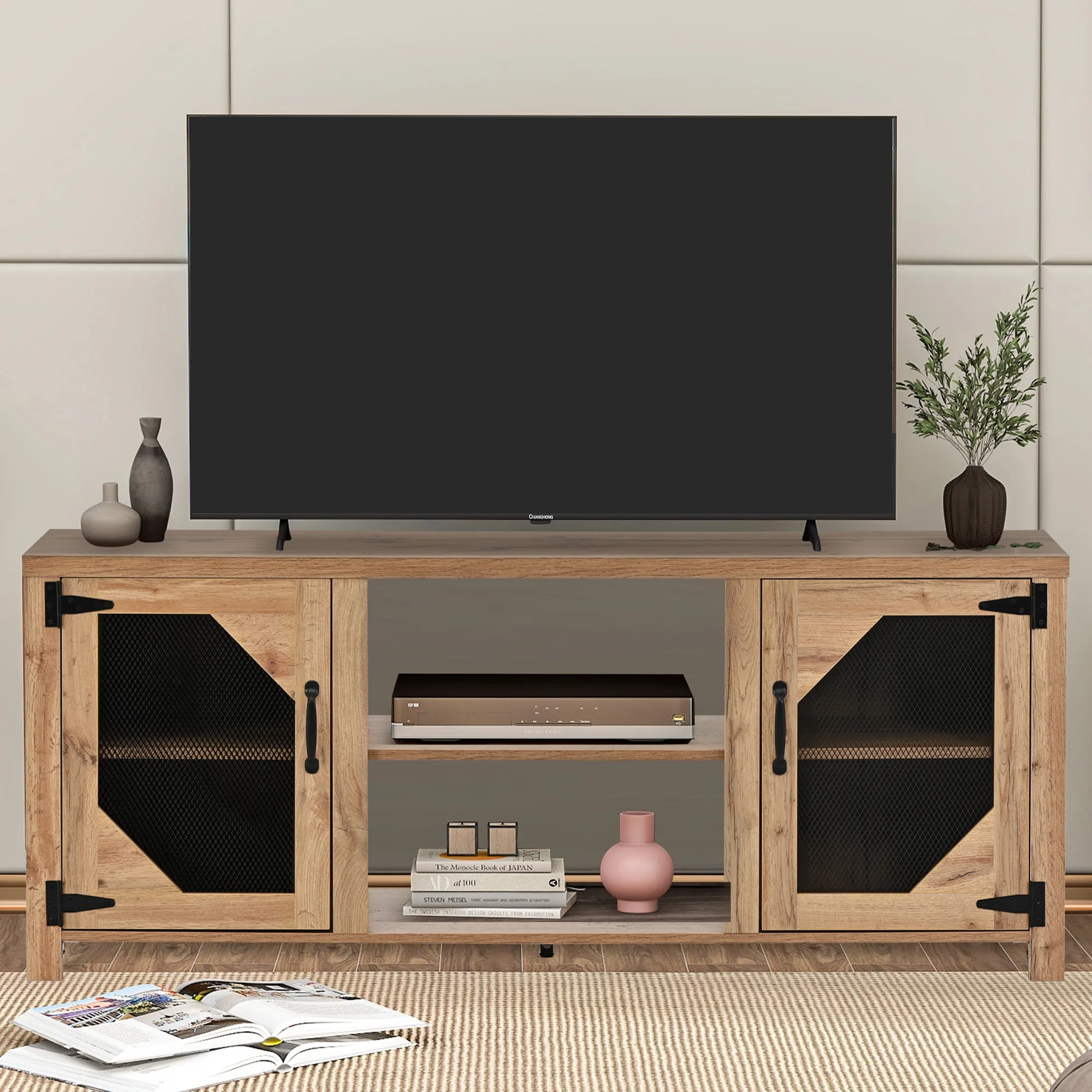 SYNGAR TV Stand for 65 inch TV, Modern TV Console Table Stand with 2 Door Cabinet, Living Room TV Table Stand Buffet Cabinet with Adjustable Storage Shelves, 60