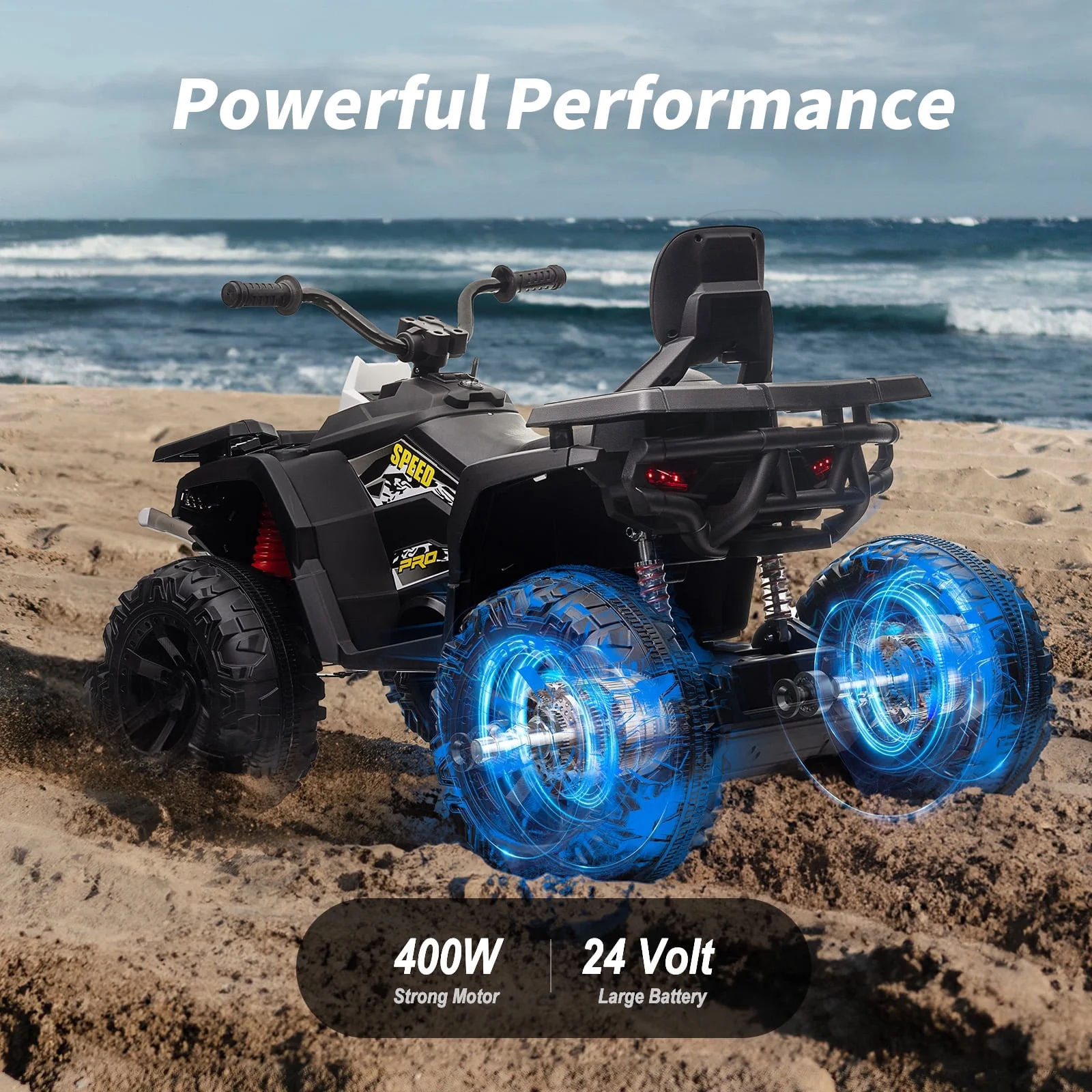 Hikiddo JC333 24V Ride on Toy, Kids ATV 4-Wheeler with 400W Motor, 2 Seater - Black - Womvr