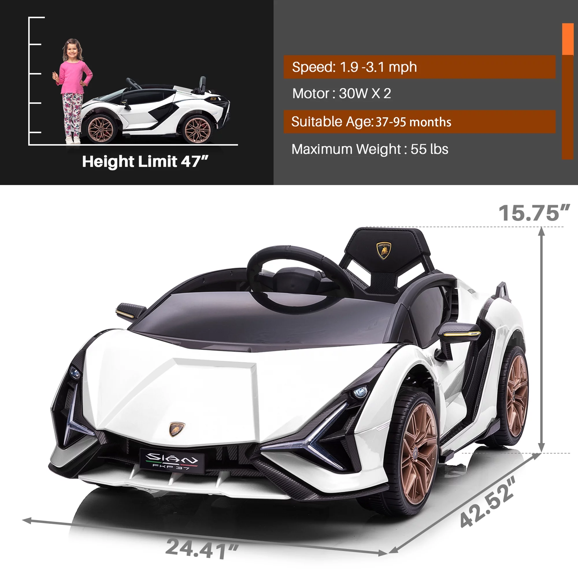 TOBBI 24V Lamborghini STO Licensed Kids Ride on Drift Car Gray Electric Car W/Remote Control LED Lights, up to 10 mph - Womvr
