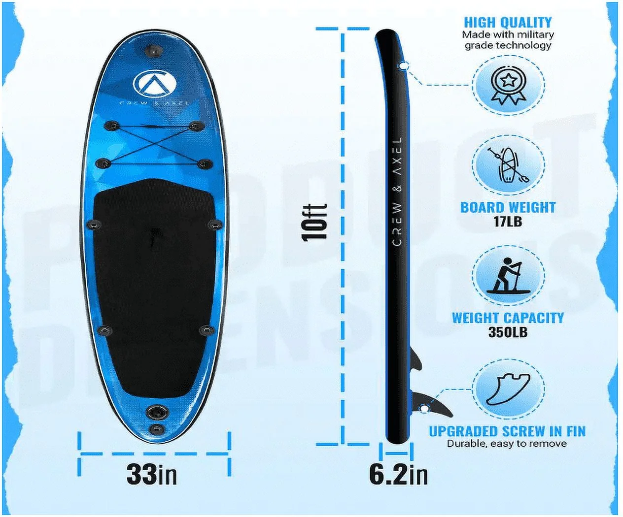 Inflatable Stand Up Paddle Board Non Slip SUP W Backpack, 3 Fins, Paddle, Pump (10 ft. x 33 in. x 6.2 in.) 17 lbs. Blue - Womvr