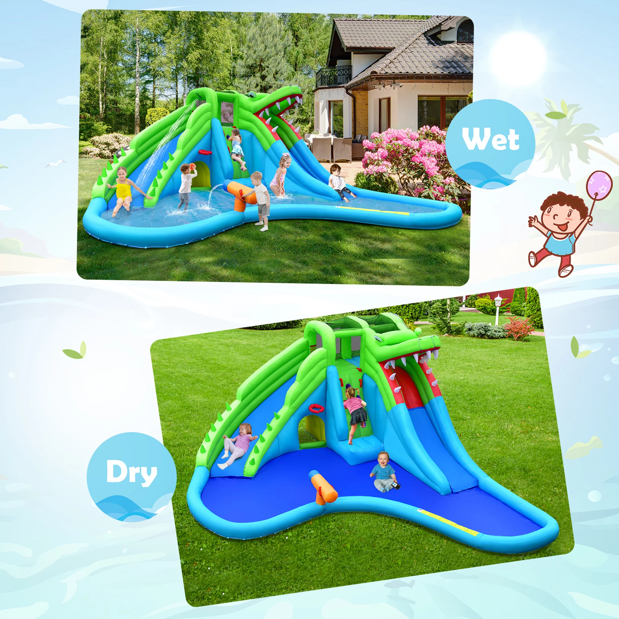 Gymax Crocodile Inflatable Water Slide Park Kids Bounce House w/ Dual Slides With 780W Blower - Womvr