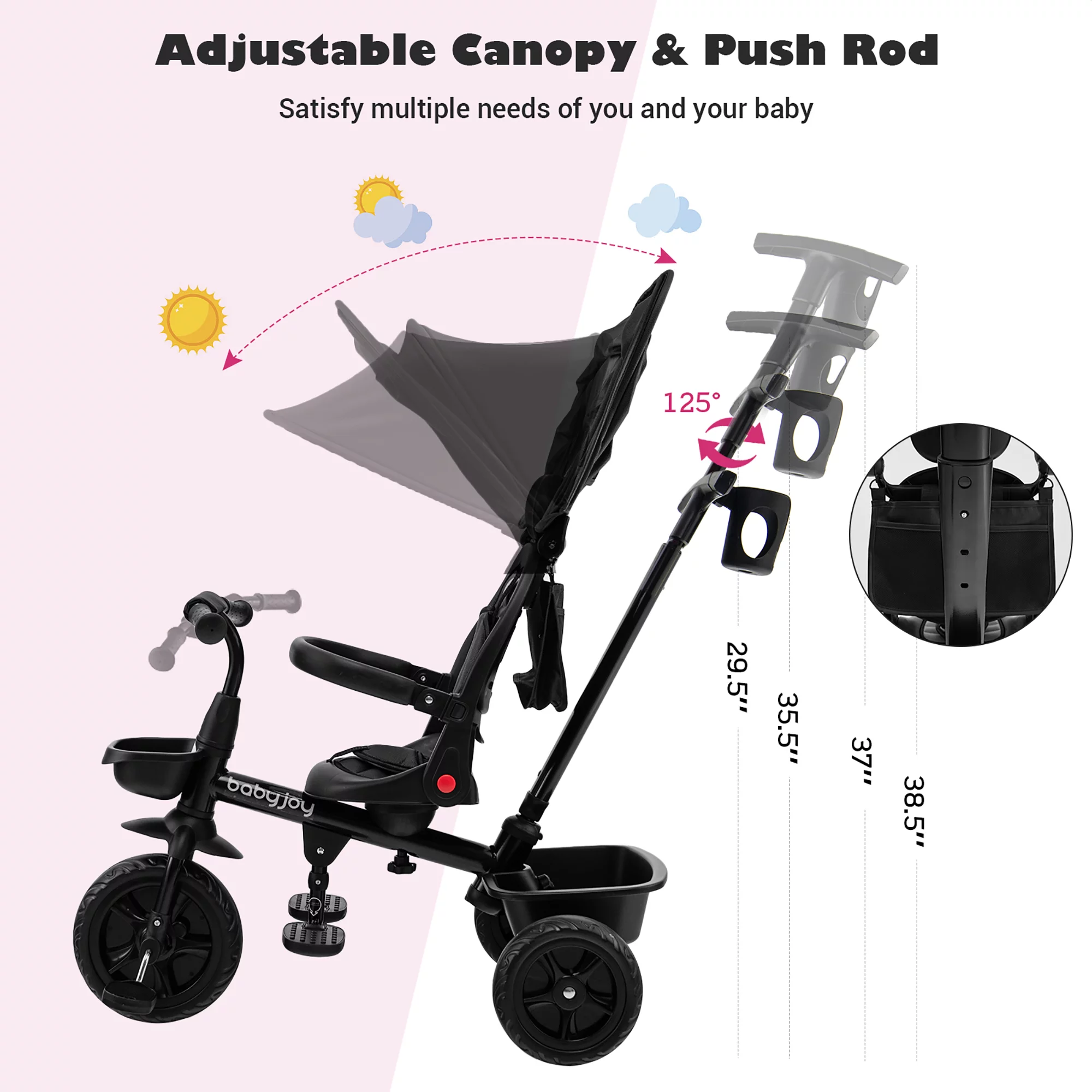 Babyjoy 4-in-1 Toddler Tricycle Reversible Baby Trike W/ Height Adjustable Push Handle - Womvr