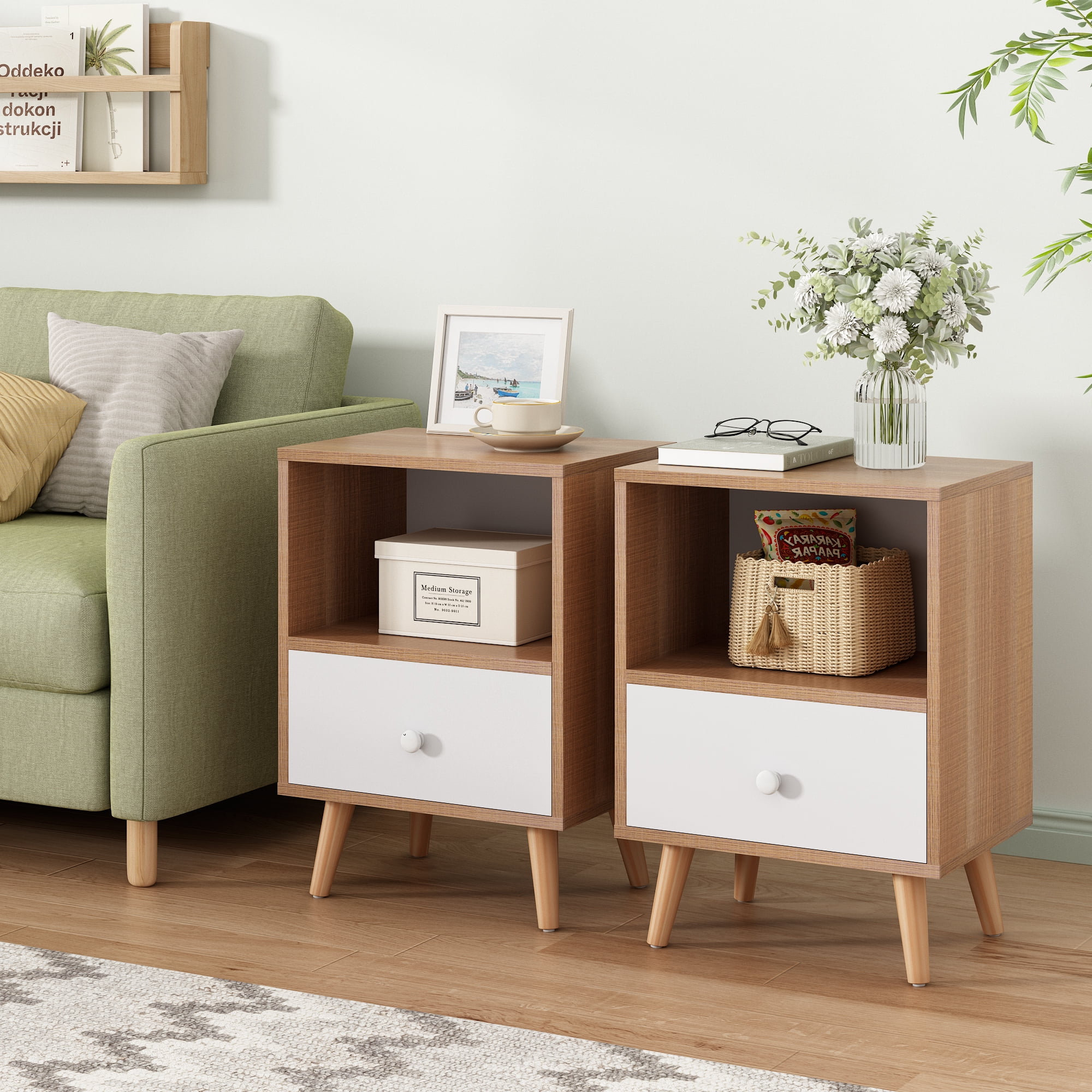 JAXPETY Nightstands Set of 2, Night Stand with 1 Drawer and Open Shelf Storage, End Table, Side Table, for Bedroom, Living Room, Natural Wood & White - Womvr