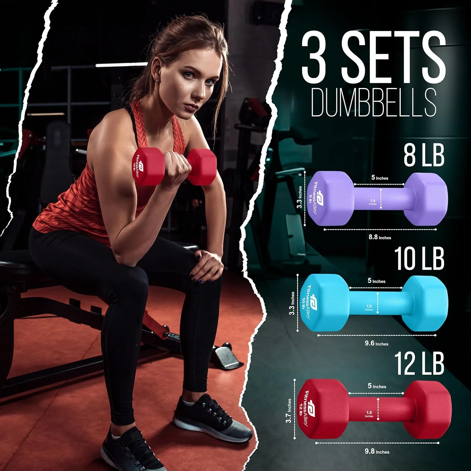 Fitness Alley Neoprene Workout Dumbbells - Non Slip, Anti Roll Exercise & Fitness Dumbbells Combo - Hex Shaped Hand weights for Men & Women(2, 4, 6, 8, & 10lb Dumbbells) - Womvr