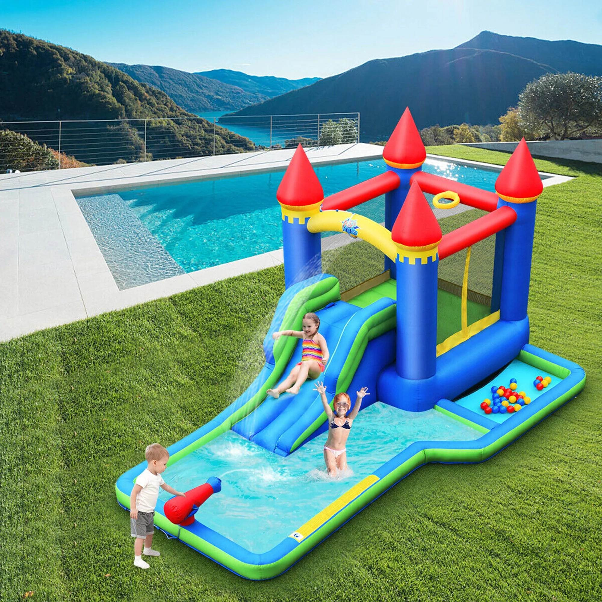 Gymax Inflatable Bouncer Climbing Slide Bounce House Water Park BallPit Without Blower - Womvr