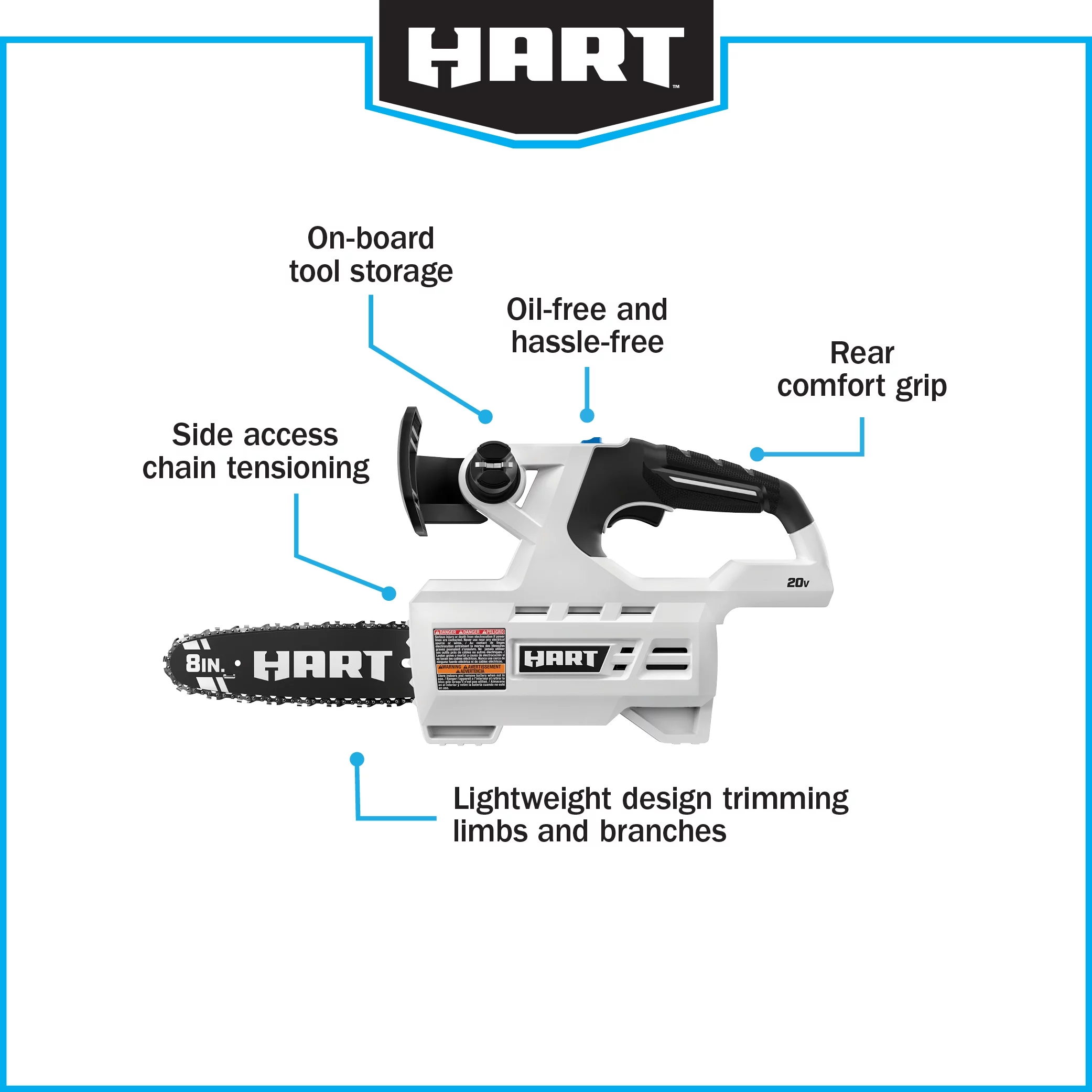 HART 20-Volt 8-inch Battery-Powered Pruning Chainsaw Kit, (1) 2.0Ah Lithium-Ion Battery - Womvr