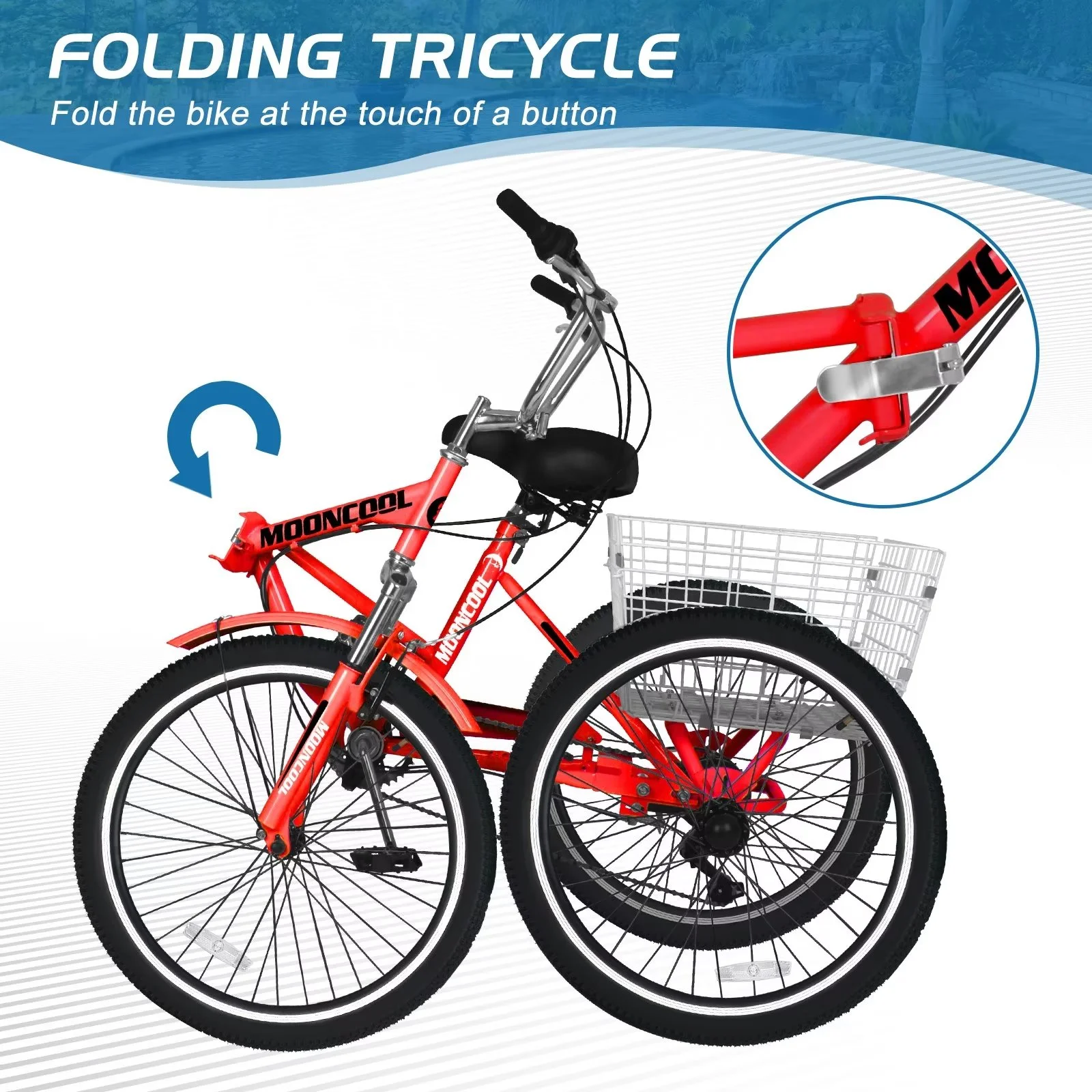 MOPHOTO 20/24/26 inch Adult Tricycle Folding 3 Wheel Cruiser Bikes 7 Speed, Portable and Foldable Trikes with Cargo Basket for Men & Women Outdoor Cycling, Purple - Womvr