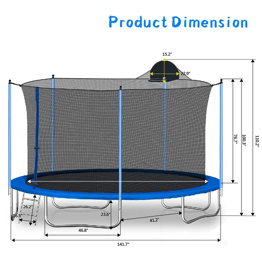 Highsound 12 FT Trampoline for Adults/Kids with Safety Enclosure Net, Basketball Hoop and Ladder, Heavy Duty Outdoor Recreational Trampolines for Family, Easy Assembly - Womvr