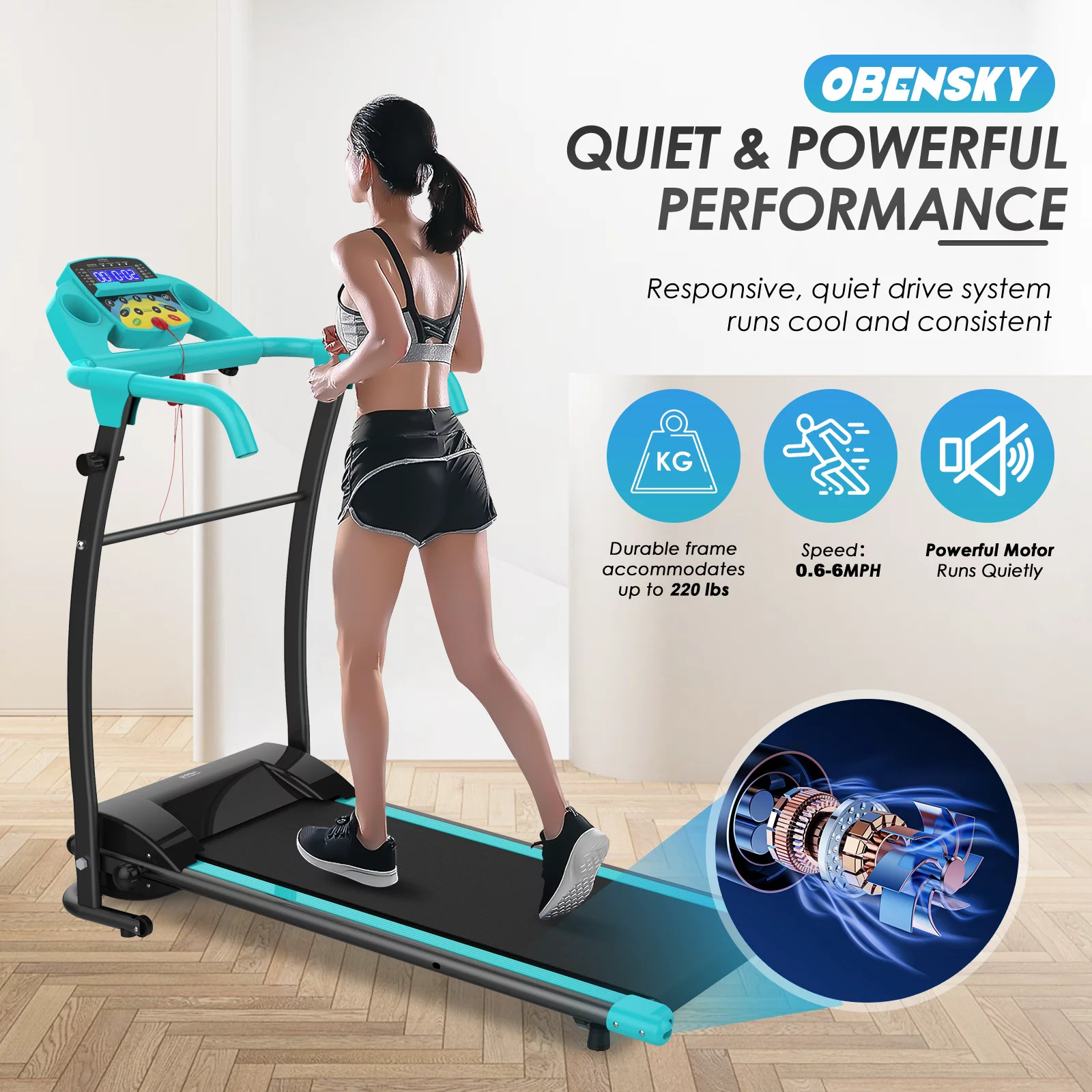 OBENSKY 1000W Portable Foldable Treadmill, Running Jogging Quiet Fitness Machine/Black - Womvr