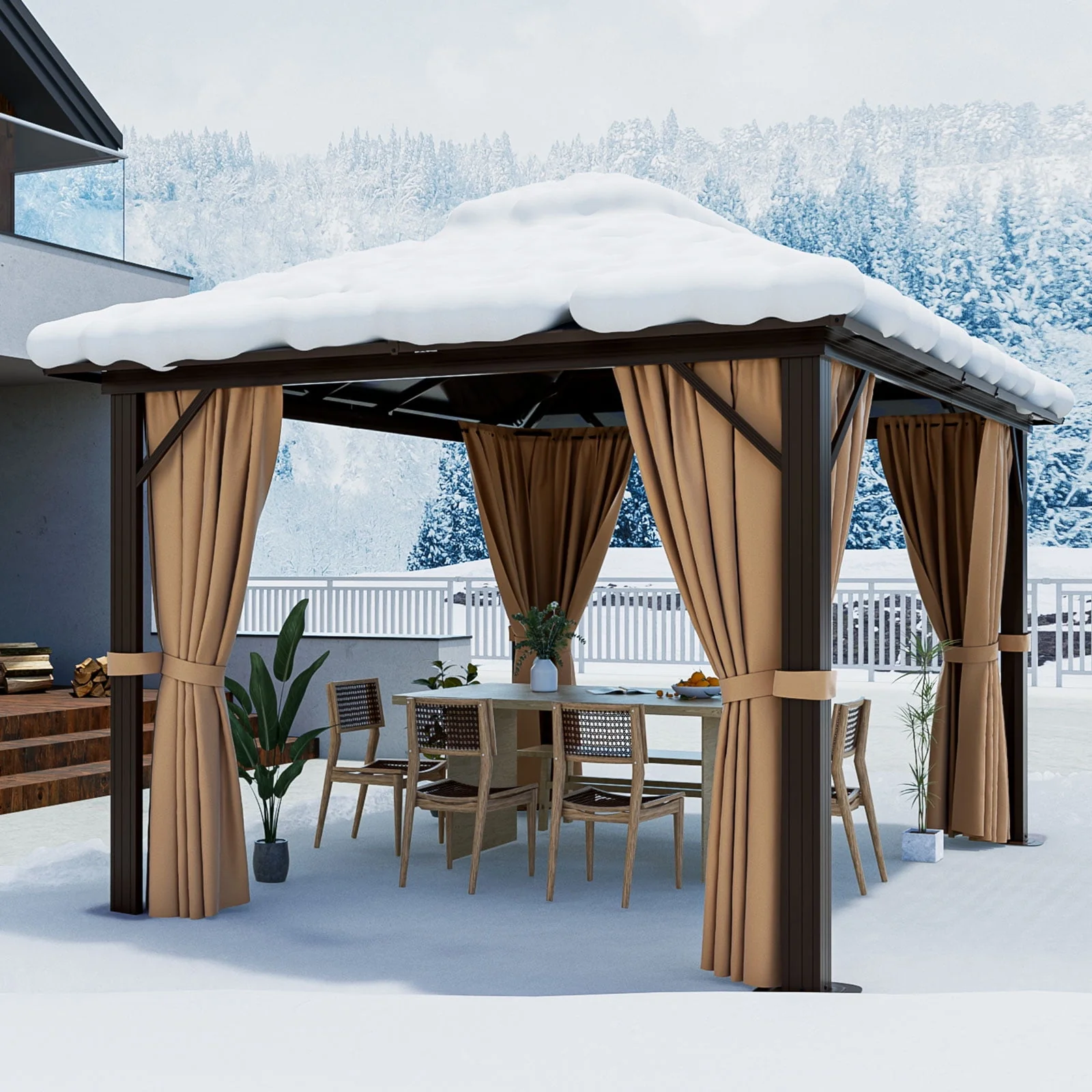 Aoxun 10 ft. x 12 ft. Hardtop Gazebo, Double Polycarbonate Roof Aluminum Frame Gazebo W/Curtain and Netting, Brown - Womvr