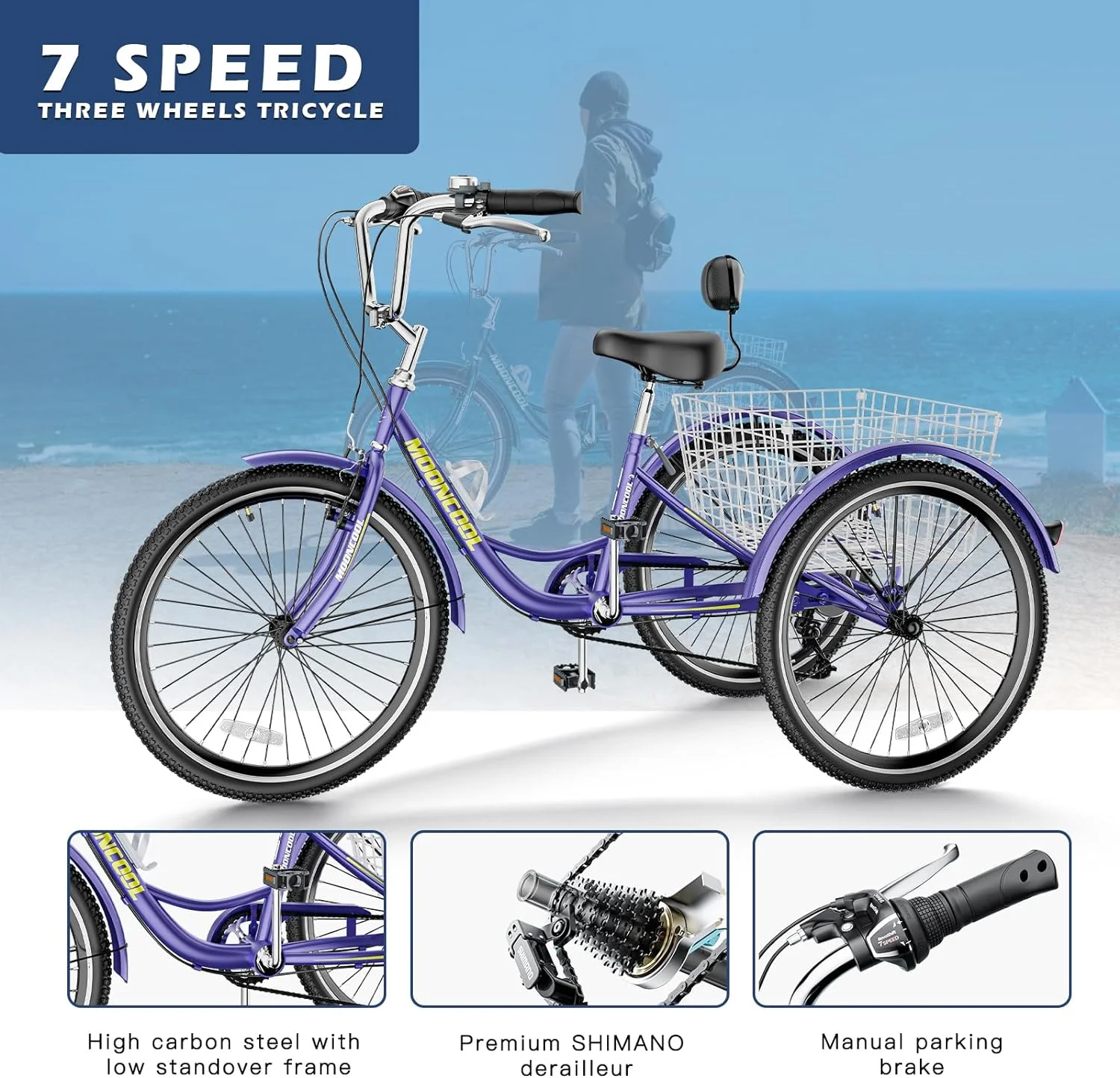 MOONCOOL Adult Tricycles with Rear Basket, 24 26 inch 7 Speed 3 Wheel Bikes, Three-Wheeled Bicycles Adult Trike with Backrest for Seniors, Women, Men - Womvr