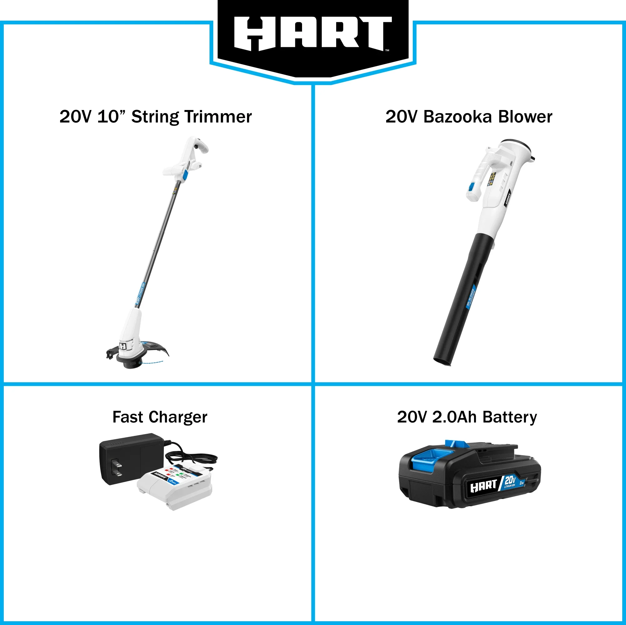 HART 20-Volt 10-inch String Trimmer/Bazooka Leaf Blower Combo Kit, (1) 2.0Ah Lithium-Ion Battery - Womvr