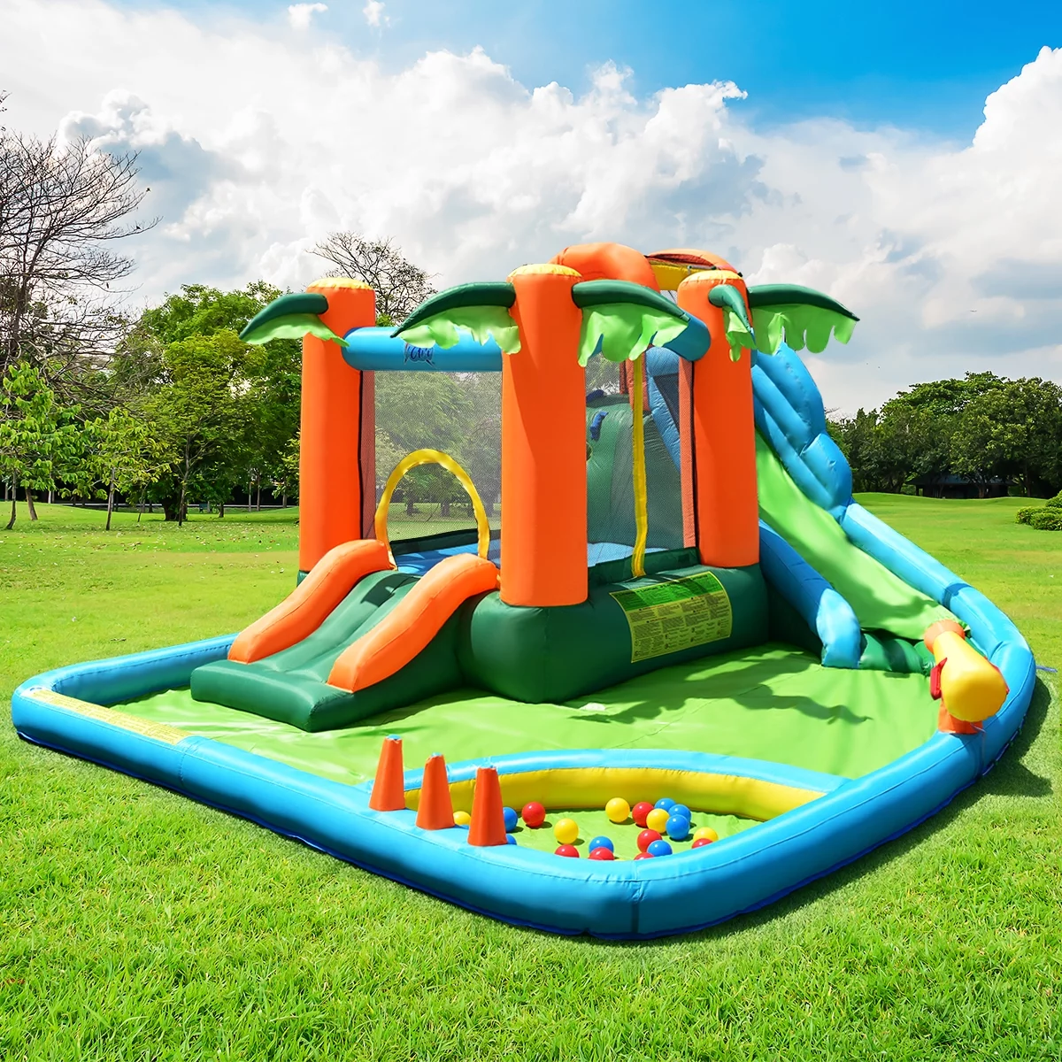 Costway Inflatable Bounce House Kids Water Splash Pool Dual Slide Jumping Castle w/ Bag - Womvr