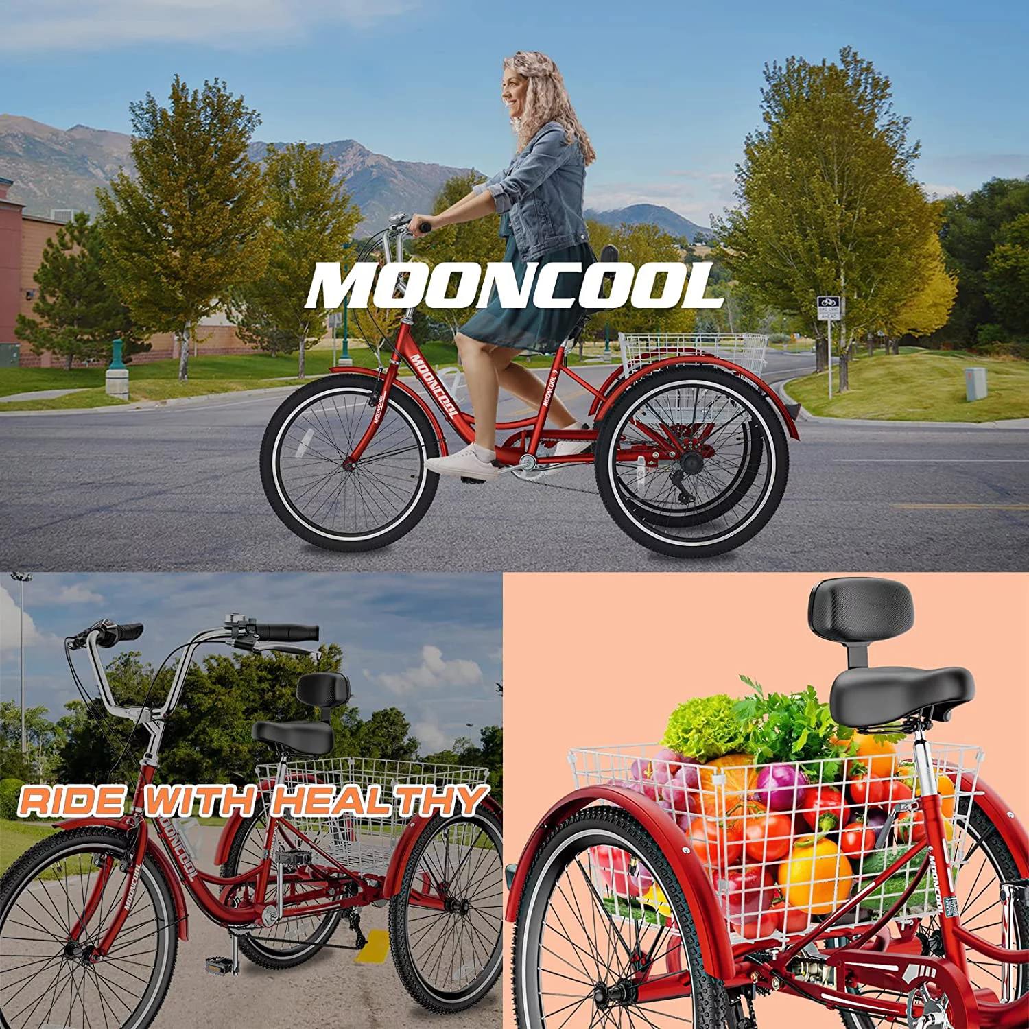 MOONCOOL Adult Tricycles, 3 Wheel 7 Speed Trikes, 20/24/26 inch Adult Trikes 3 Wheeled Bike with Basket for Seniors, Women, Men - Womvr