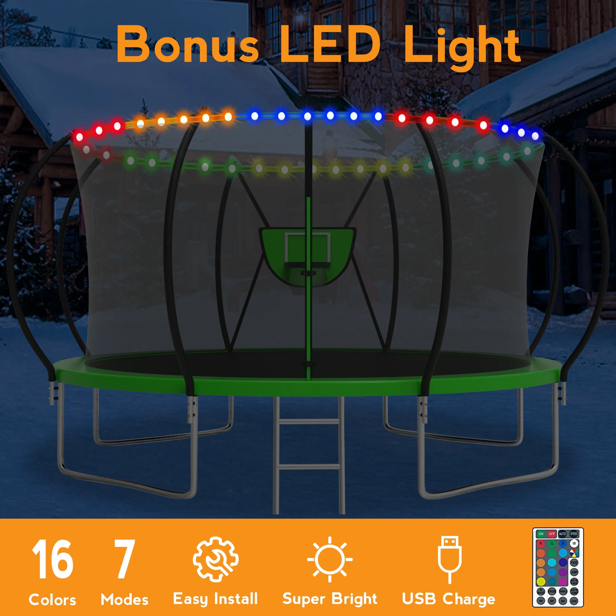 KOFUN Trampoline with Basketball Hoop & Light, 1500lbs 10FT 12FT 14FT 16FT Trampoline for Adults and Kids, No Gap Design Backyard Trampoline with Enclosure Net, Ladder, Green - Womvr