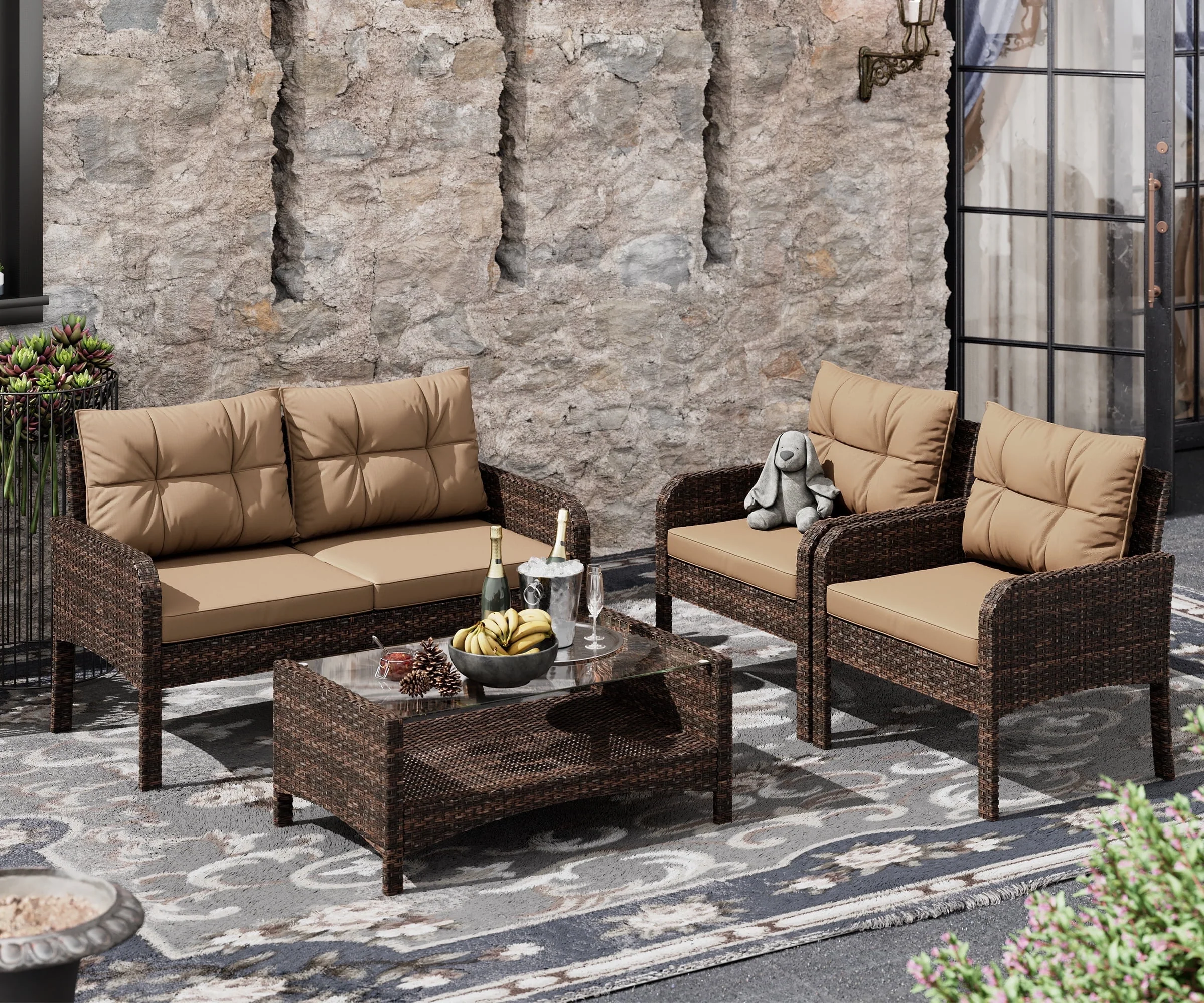 Bifanuo 4-Piece Patio Furniture Set Outdoor Rattan Wicker Sofa Set with Cushions & Coffee Table, Conversation Sofa Set with Tempered Glass Table Top - Womvr