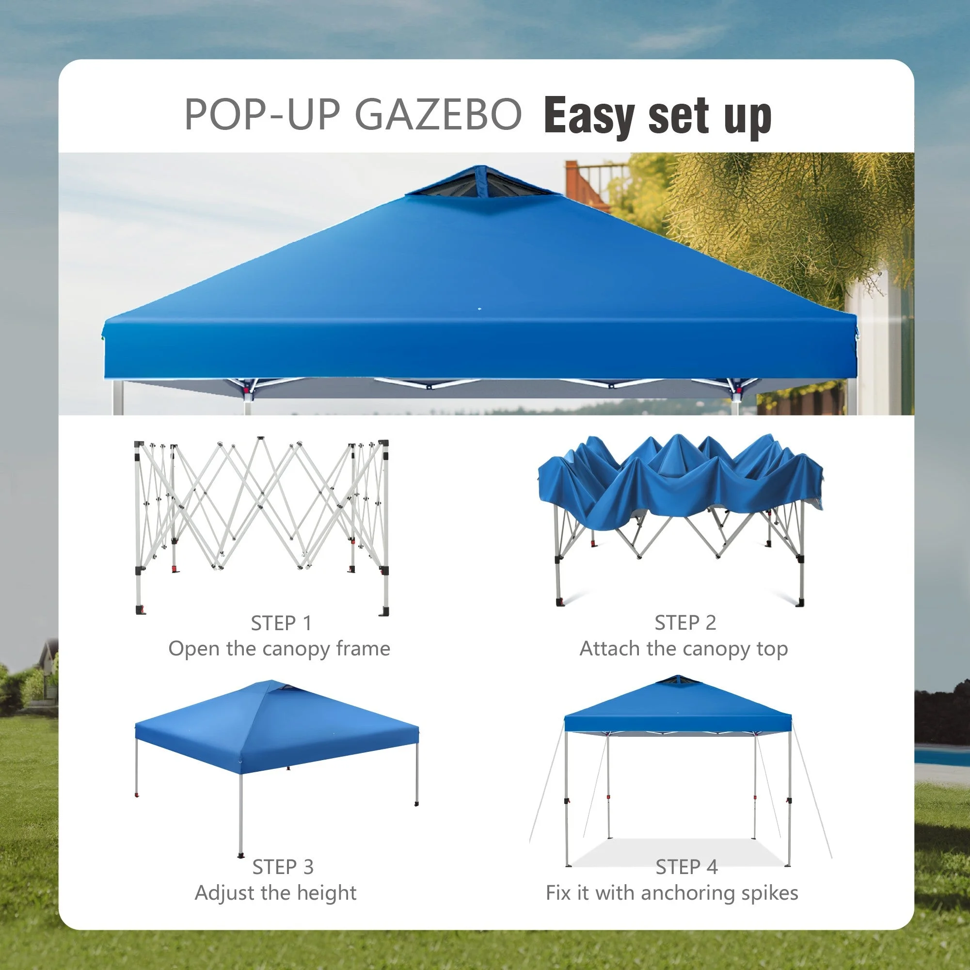 Alpha Joy 10'x 10' Pop up Canopy Tent Outdoor Event Instant Tent with Roller Bag, Blue - Womvr