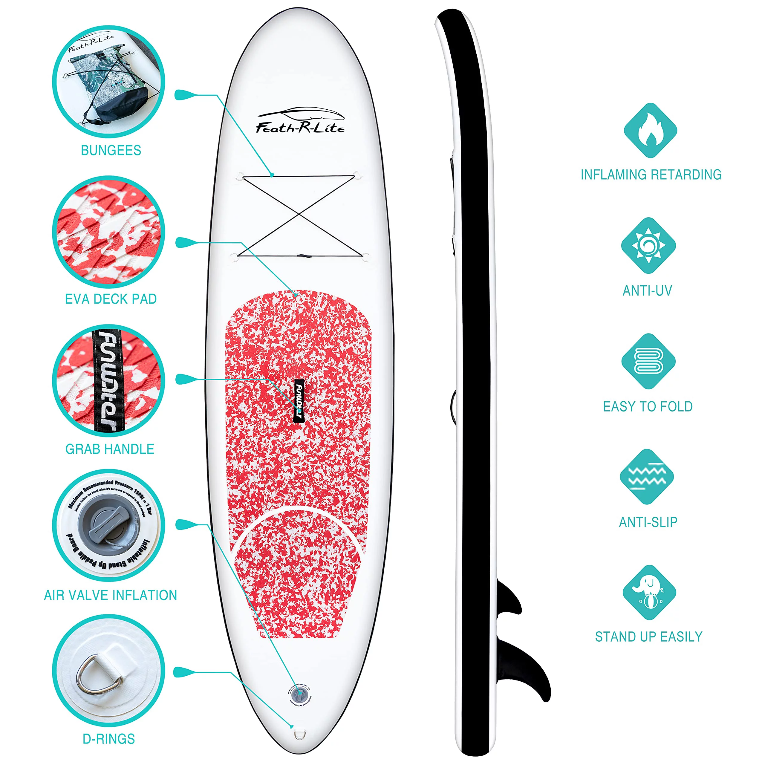 Feath-R-lite Inflatable Stand Up Paddle Board, SUP Red Camo Pattern Paddle Board 10'x30''x6'' (LxWxH),Adjustable Aluminum Paddle and Grey Back Hand Pump,Fins, Unisex - Womvr