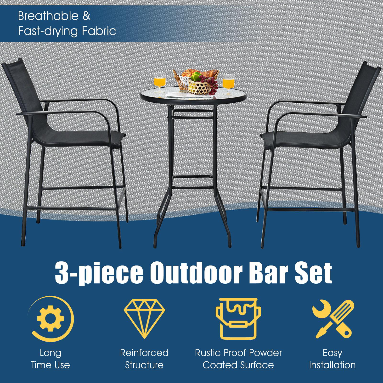 Giantex 3 Pieces Outdoor Patio Bar Set, Outdoor Bistro Set with 2 Bar Stools and 1 Tempered Glass Bar Table, Bar Height Patio Table and Stools Set for Backyard, Garden, Lawn (Black) - Womvr