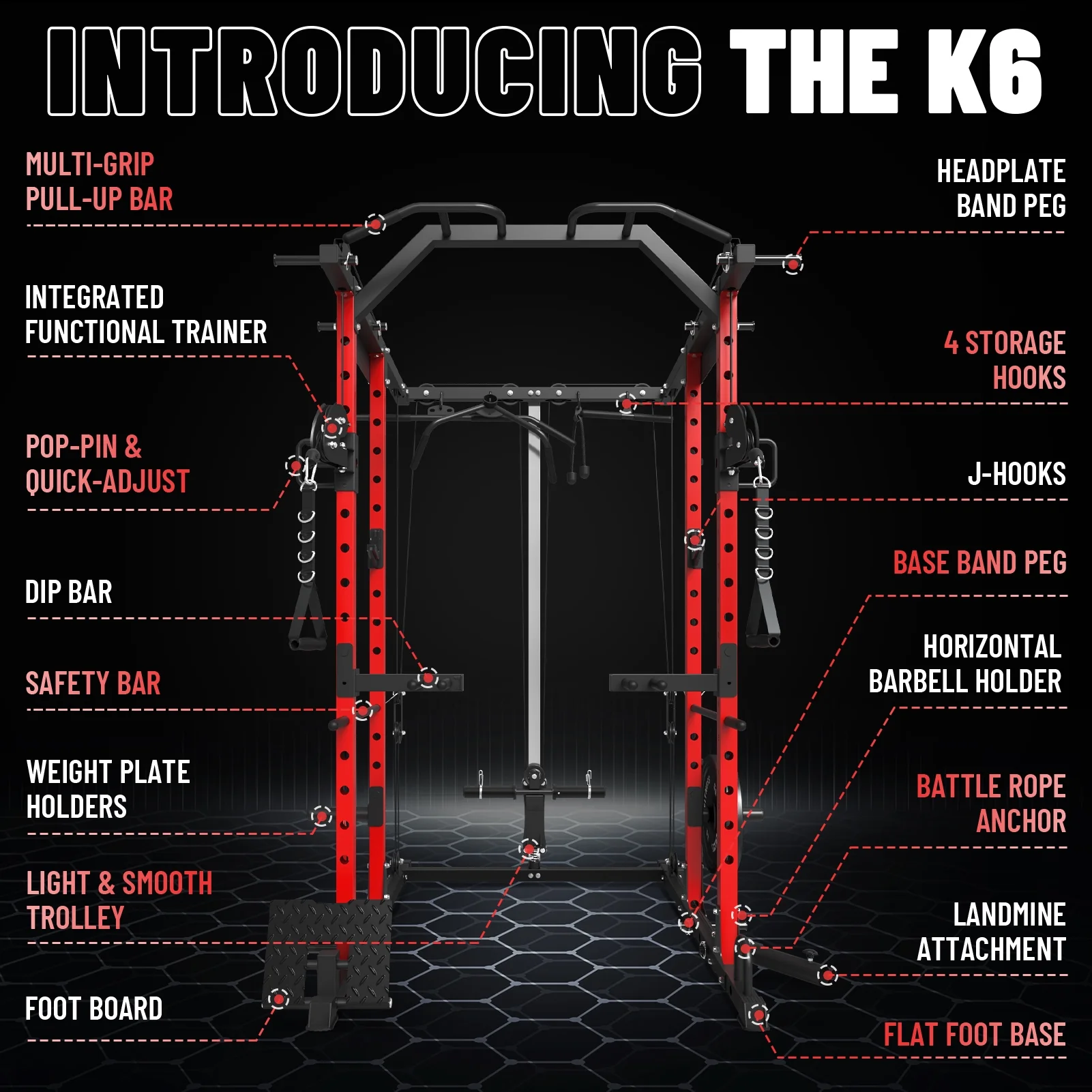 Mikolo Power Rack Cage, 1500 lbs Weight Rack with Cable Crossover Machine,Multi-Function Squat Rack with J Hooks,Dip Bars and Landmine for Home Gym (Red), Plate Loaded Machine - Womvr