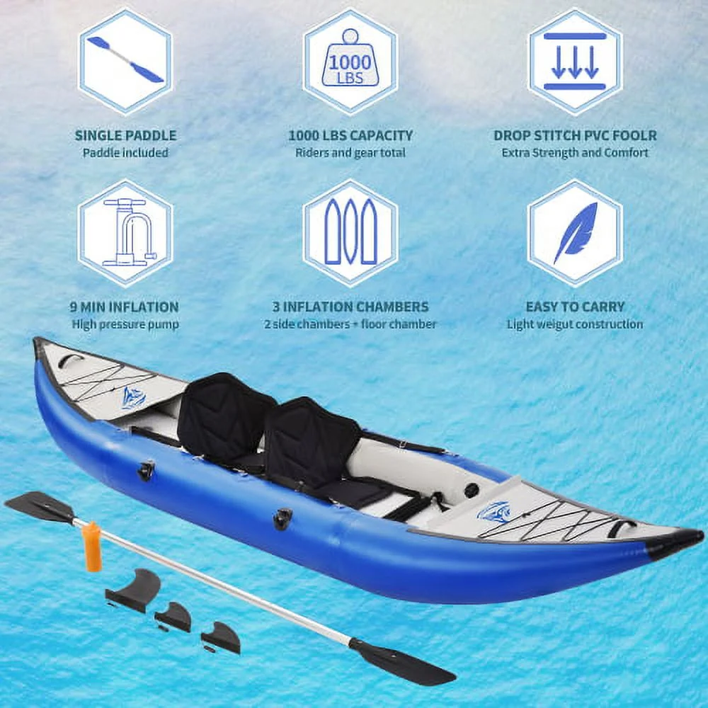 MKING Inflatable Kayak Set with Paddle & Air Pump, Deluxe Extended Version Tandem 2 Person Kayak,Portable Recreational Touring Kayak Foldable Fishing Touring Kayaks - Womvr