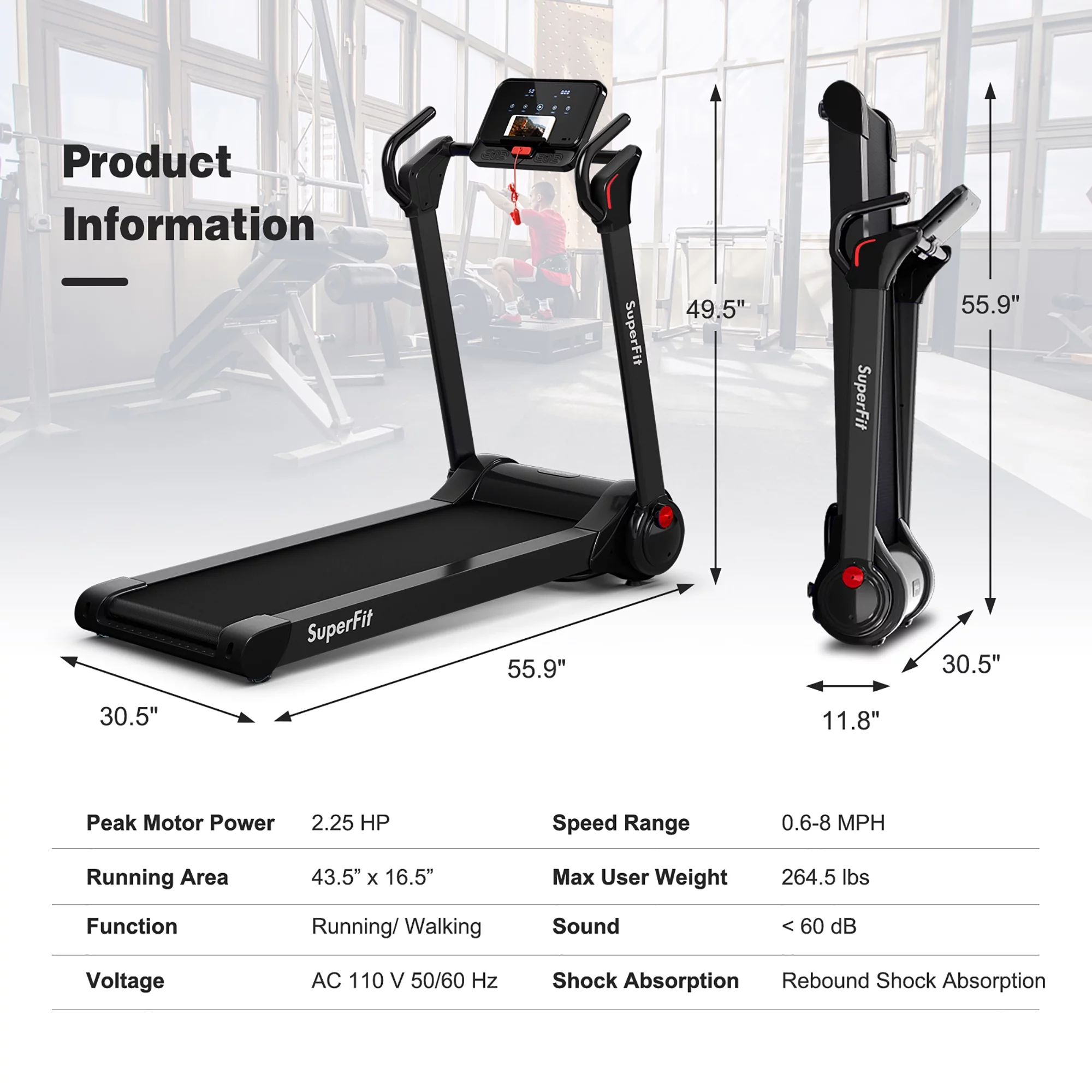 Superfit Folding 2.25HP Electric Treadmill Running Machine APP Control Bluetooth Black - Womvr