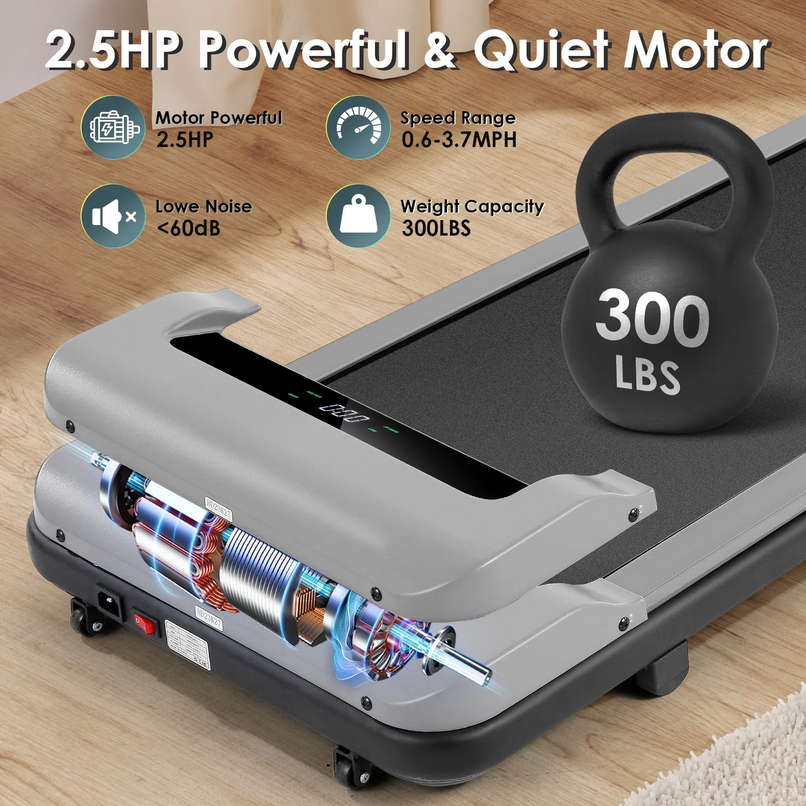 Tikmboex 2.5HP Under Desk Treadmill with LED Display Wireless Remote Control .Quiet & Compact Walking Pad for Home Office - Womvr