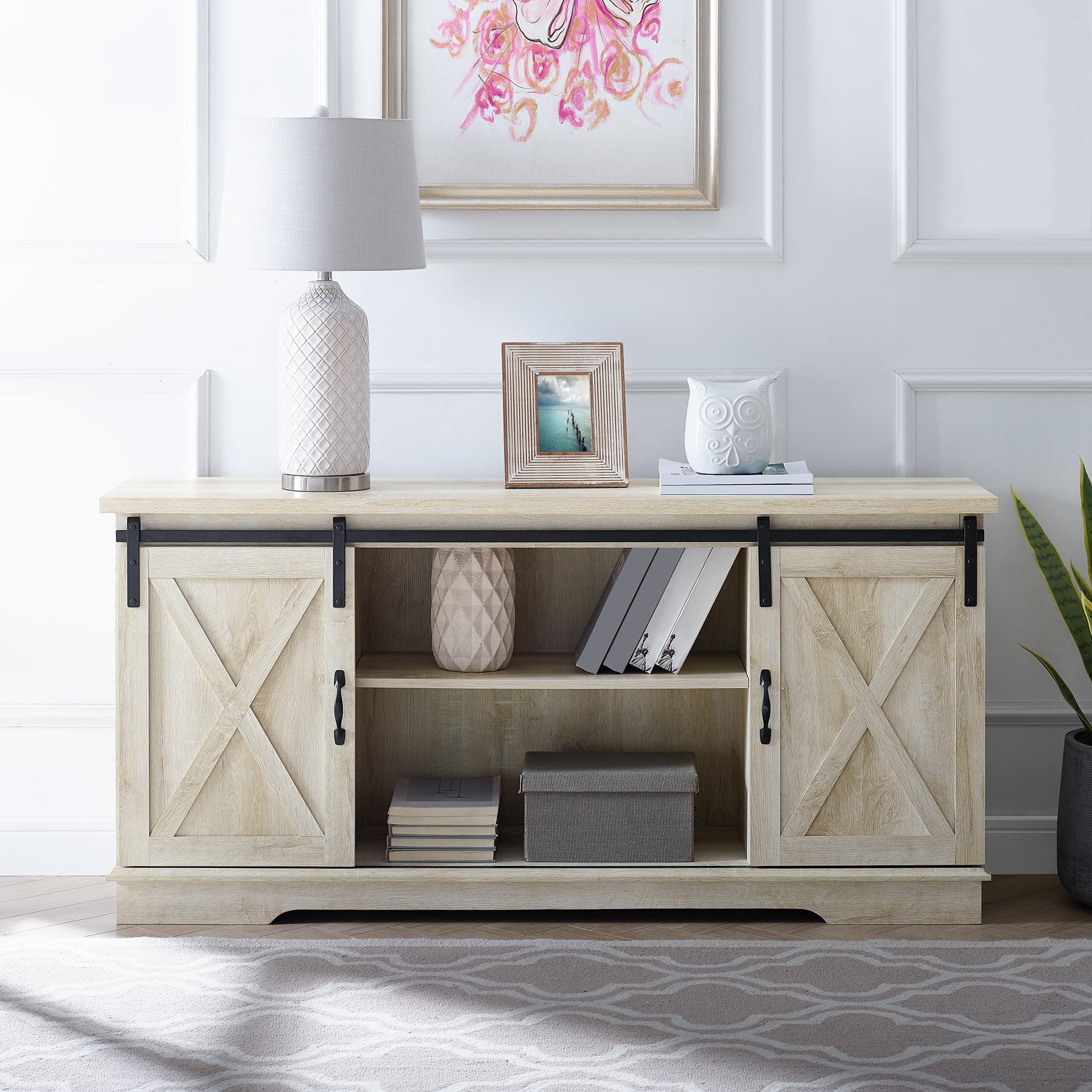 Woven Paths Farmhouse Sliding Barn Door TV Stand for TVs up to 65