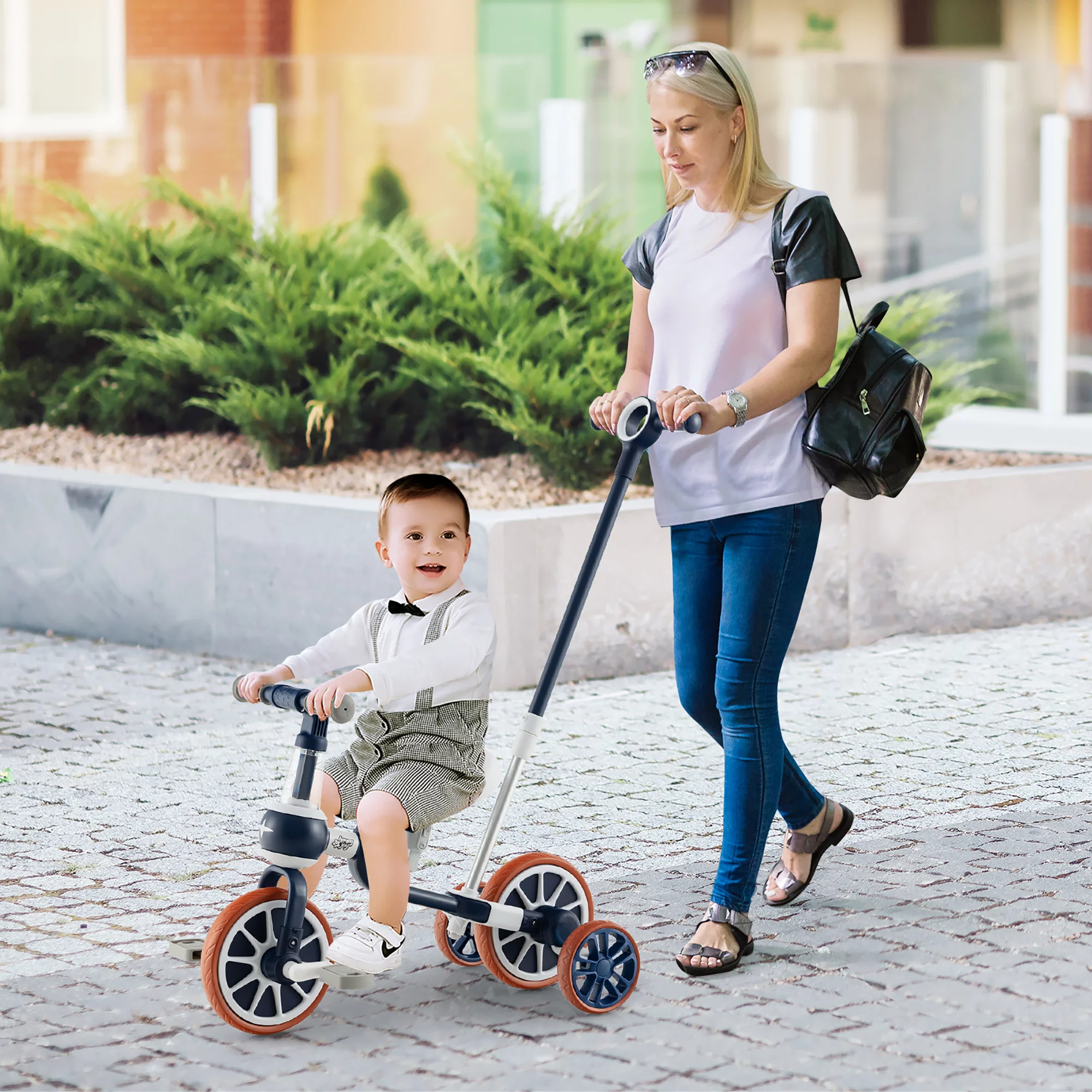 Costway 4 in 1 Kids Tricycles with  Push Handle & Training Wheels Baby Balance Bike Navy - Womvr