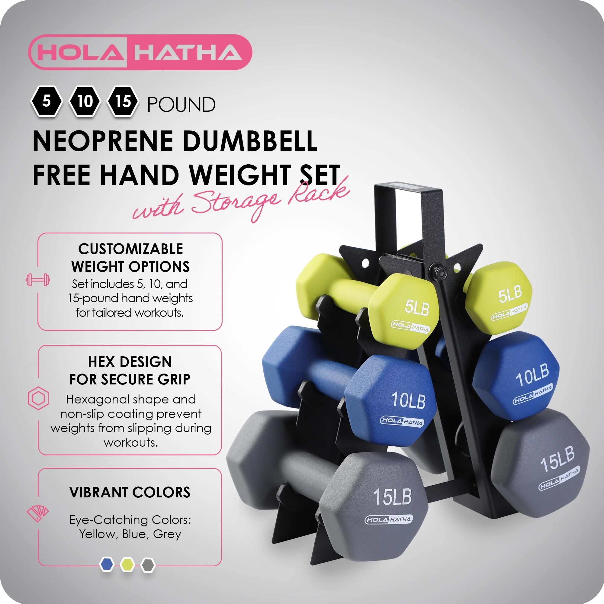 Open Box HolaHatha 5, 10, and 15 Pound Neoprene Free Hand Weight Set with Rack - Womvr