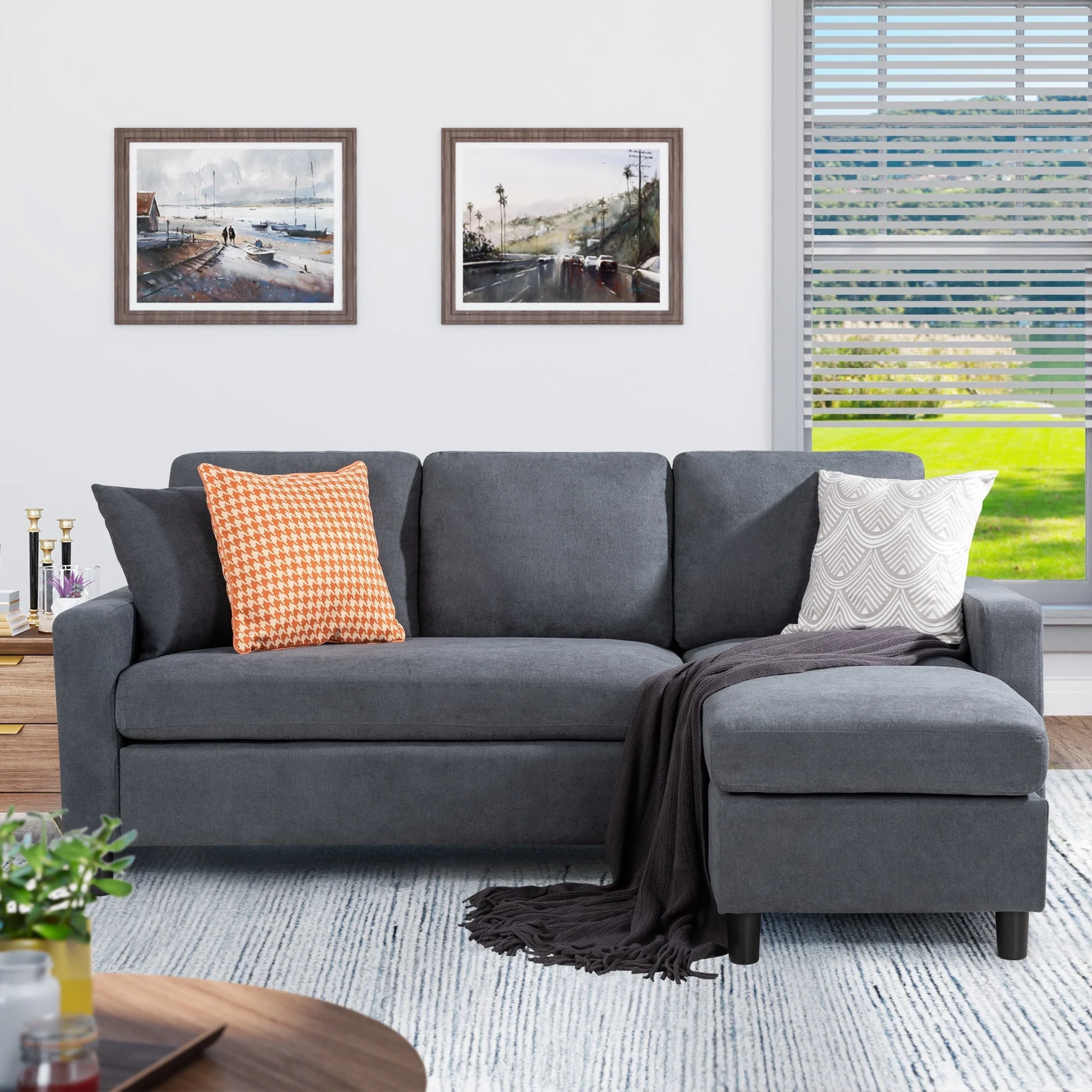 Walsunny Convertible Sectional L-Shaped Sofa with Modern Linen Fabric(Grayish Black) - Womvr