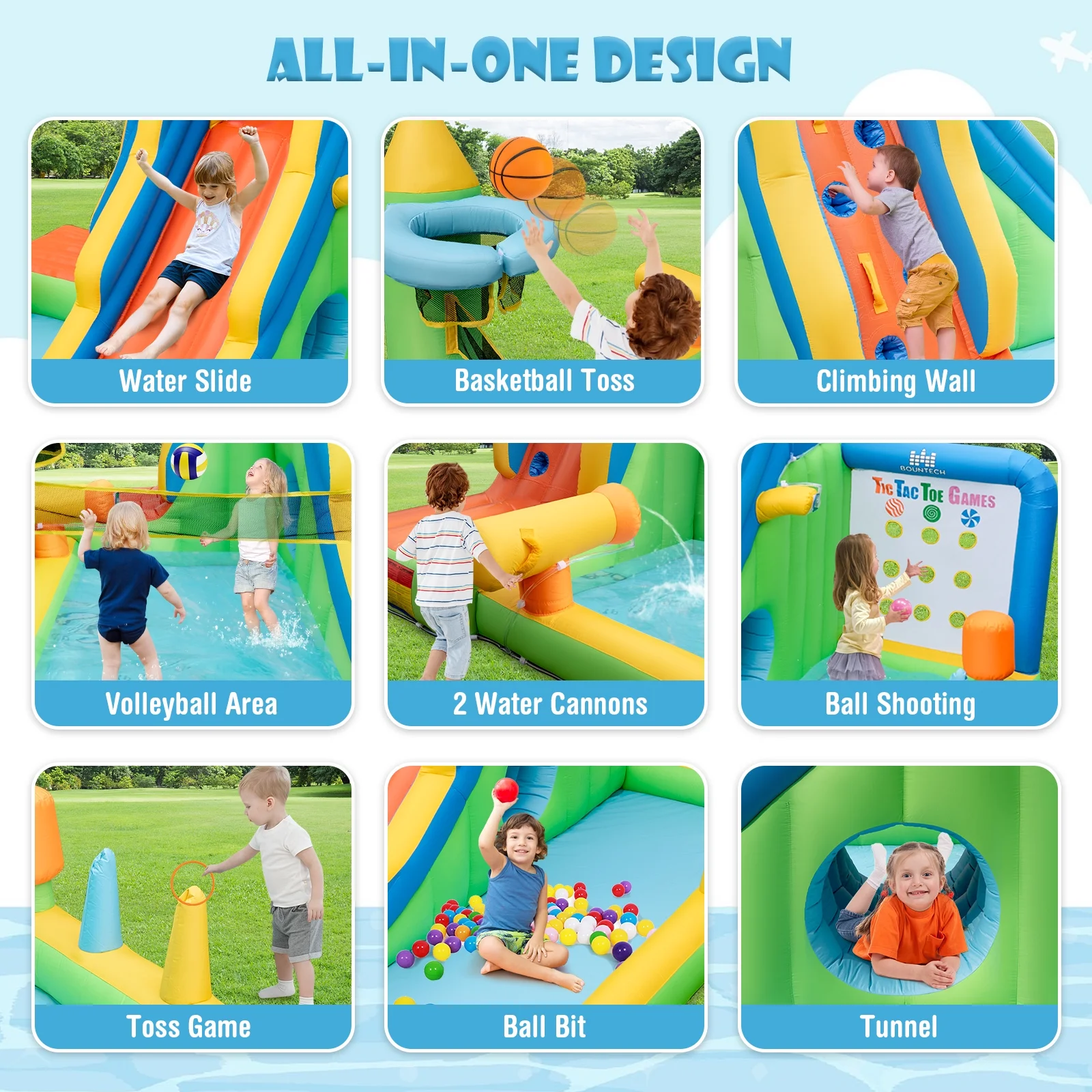 Topbuy Inflatable Water Slide 9-in-1 Blow-up Water Park for Kids with Splash Pool Climbing Wall Water Guns Basketball Toss - Womvr