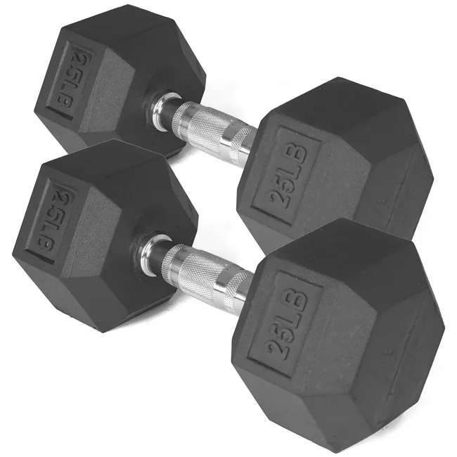 Titan Fitness 25 LB Pair Free Weights, Black Rubber Coated Hex Dumbbell, Ergonomic Cast Iron Handle, Strength Training - Womvr