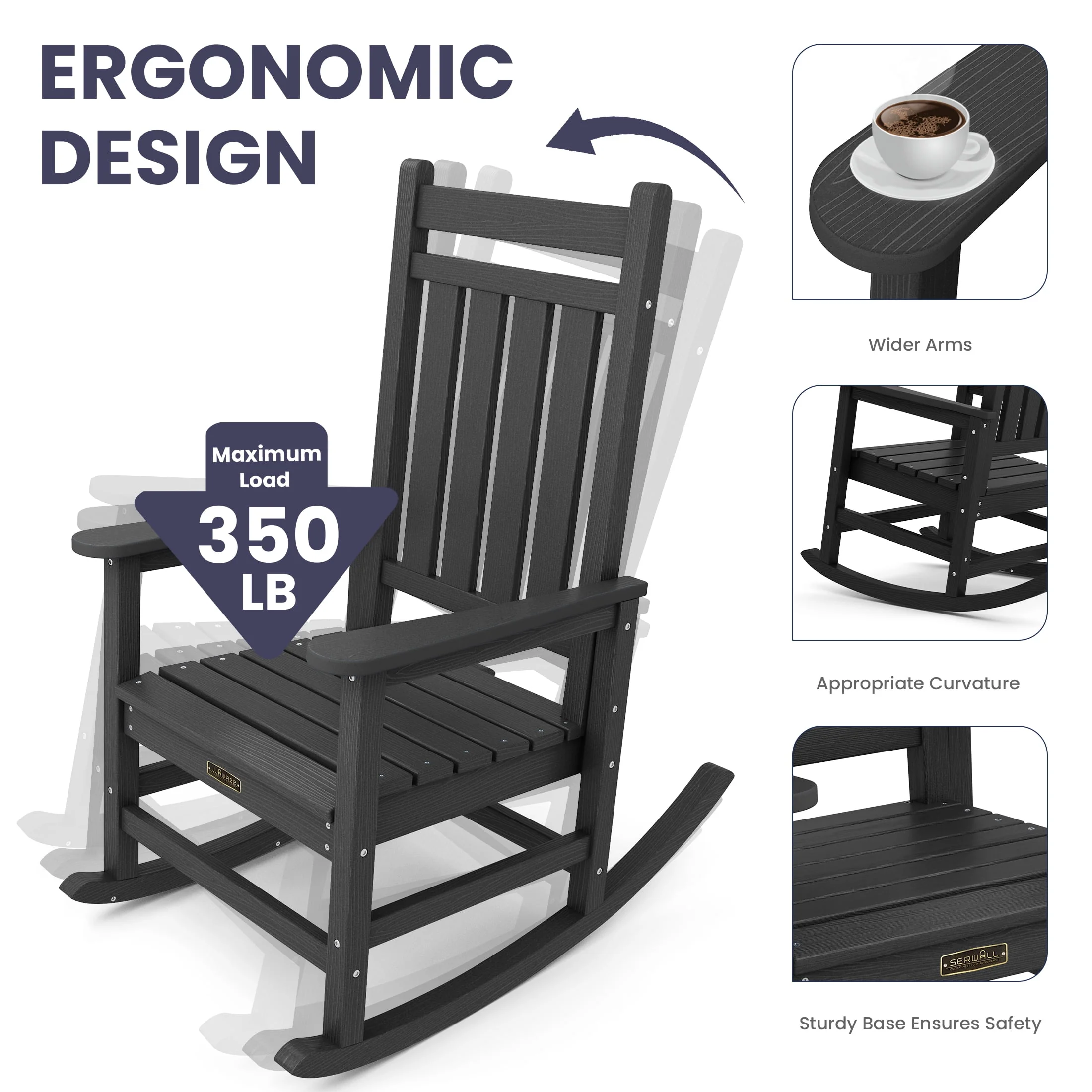 SERWALL Outdoor Oversized Slat Rocking Chair, HDPE Plastic Porch Rocker, Gray - Womvr