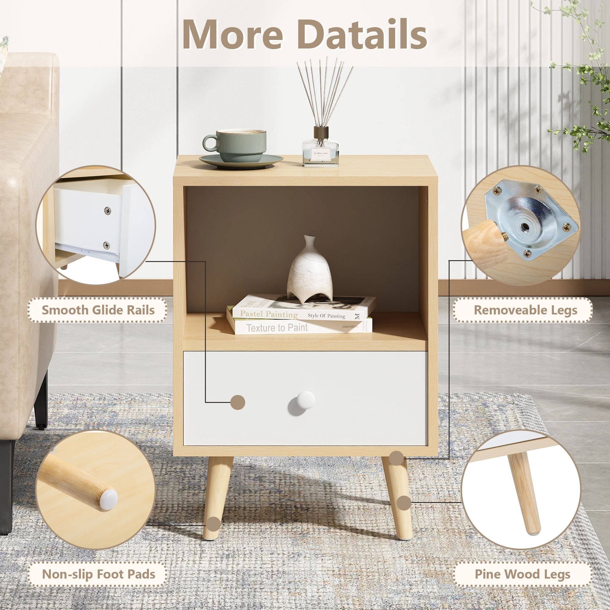 JAXPETY Nightstands Set of 2, Night Stand with 1 Drawer and Open Shelf Storage, End Table, Side Table, for Bedroom, Living Room, Natural Wood & White - Womvr