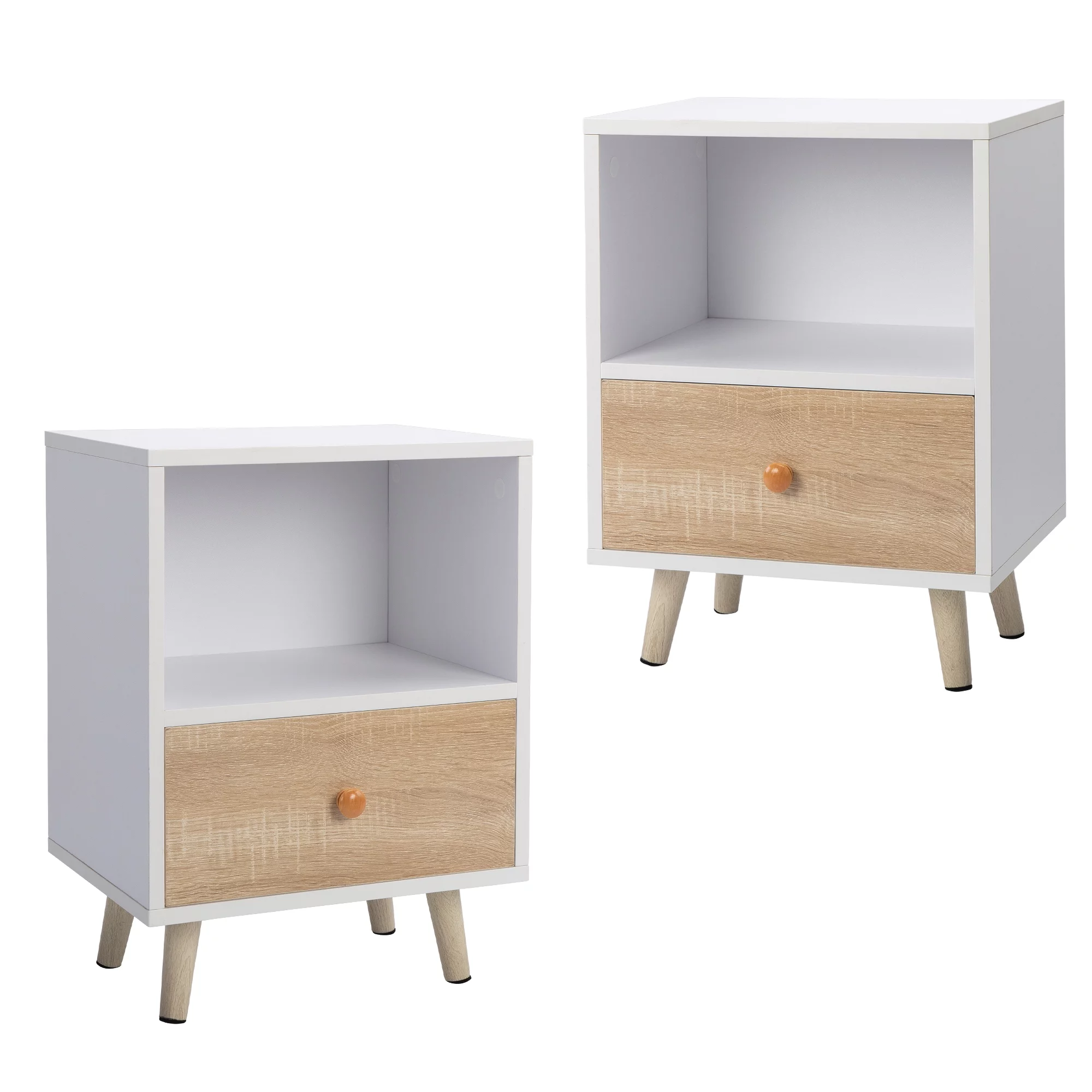 JAXPETY Nightstands Set of 2, Night Stand with 1 Drawer and Open Shelf Storage, End Table, Side Table, for Bedroom, Living Room, Natural Wood & White - Womvr