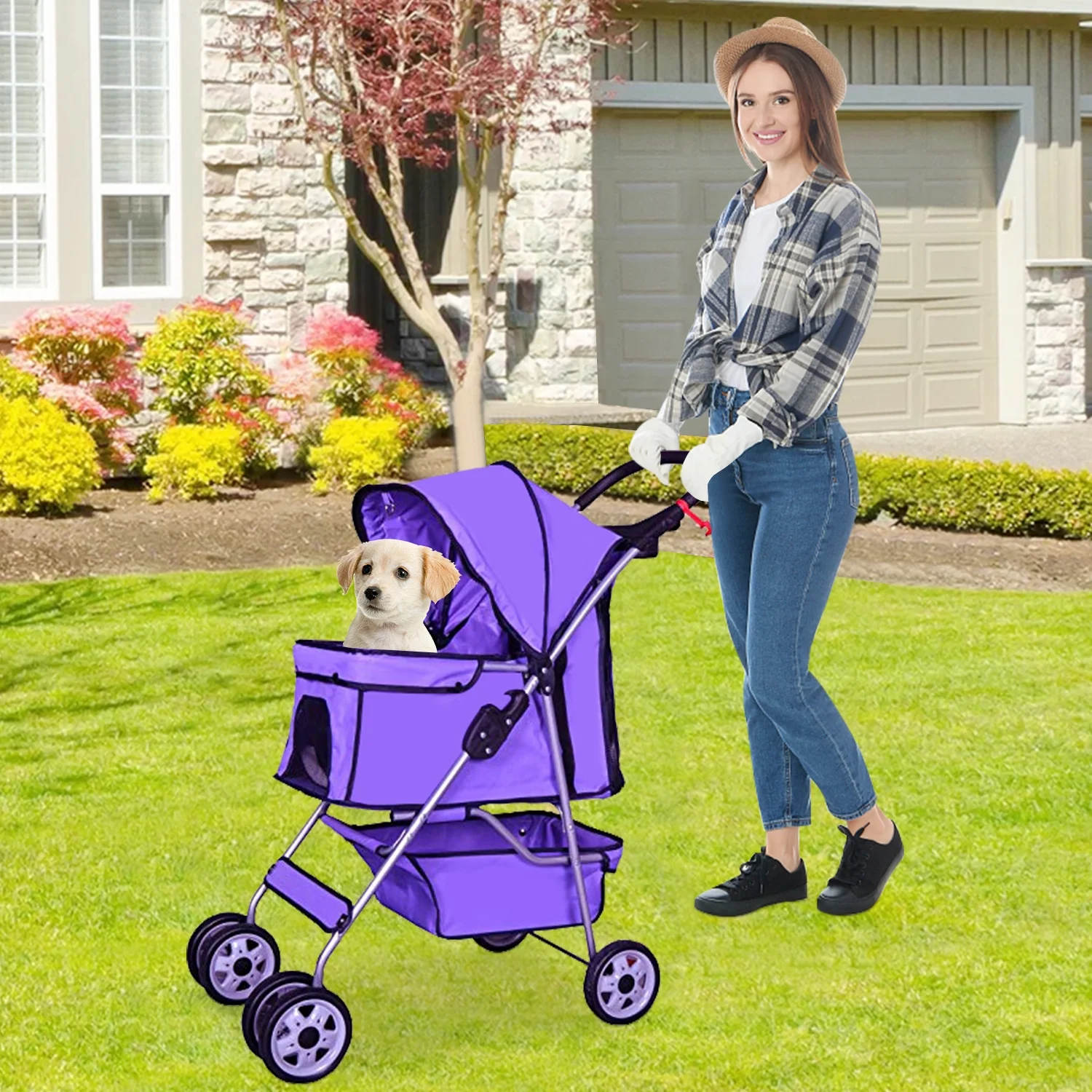 4 Wheels Pet Stroller Foldable Dog Stroller Cat Stroller with Storage Basket & Removable Liner, Travel Lite Foldable Carrier Strolling Cart for Dogs Cats, Black - Womvr