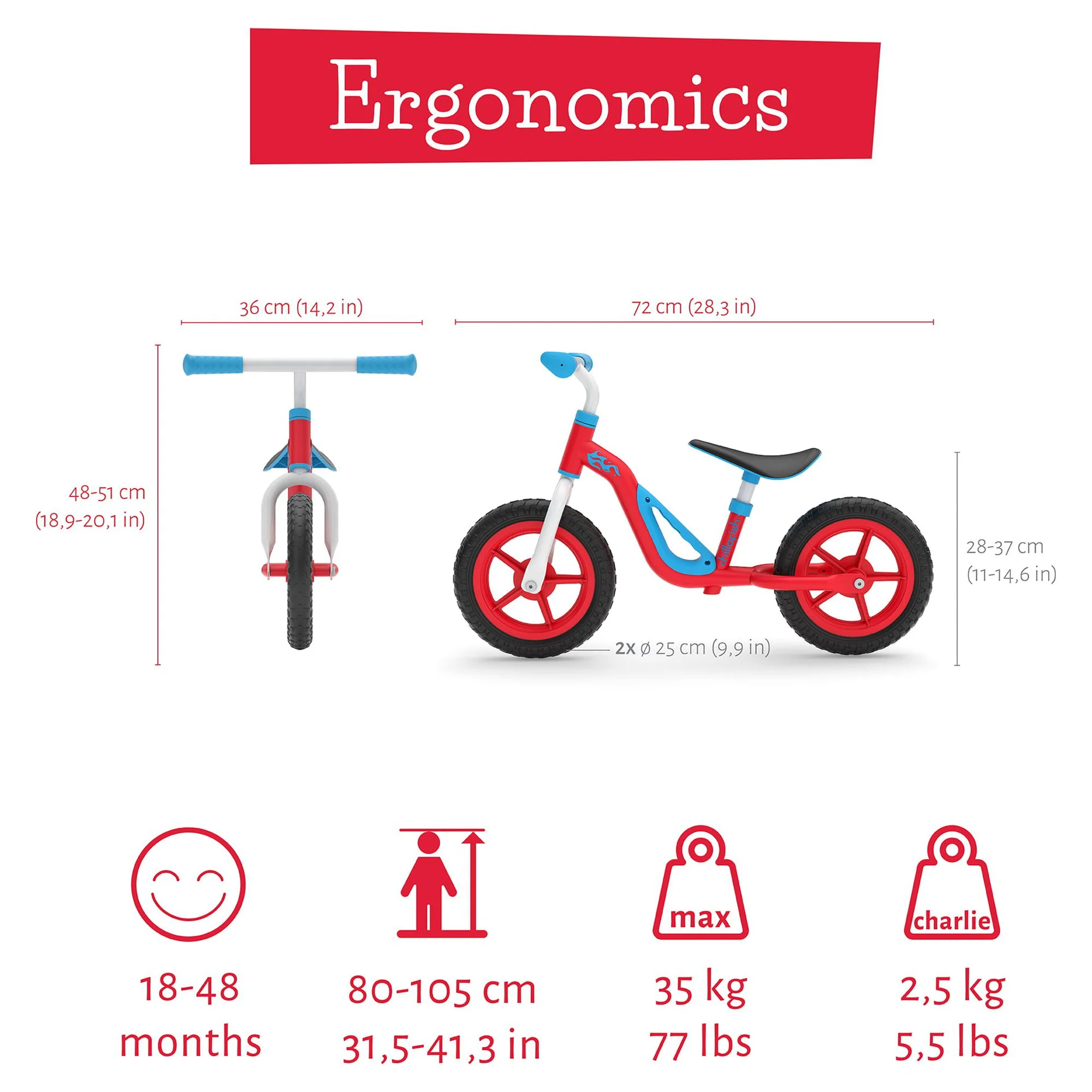 Chillafish Charlie lightweight toddler balance bike with carry handle, adjustable seat and handlebar, puncture-proof 10-inch wheels, for kids 18-48 months, Red - Womvr