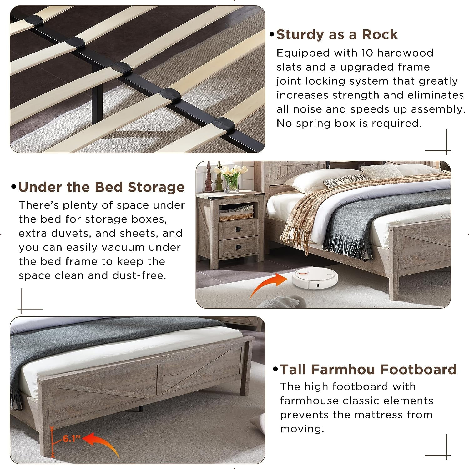OKD Farmhouse Full Bed Frame, Wood Platform Bed with Bookcase Storage Headboard and Charging Station, No Box Spring Needed, Light Rustic Oak - Womvr