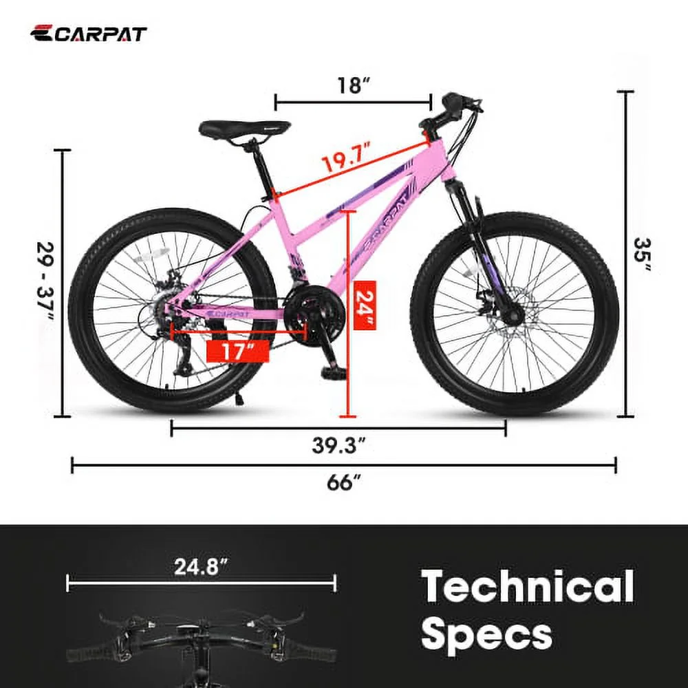 24 inch Mountain Bike for Teenagers Girls Women, Shimano 21 Speeds with Dual Disc Brakes and 100mm Front Suspension, Pink - Womvr